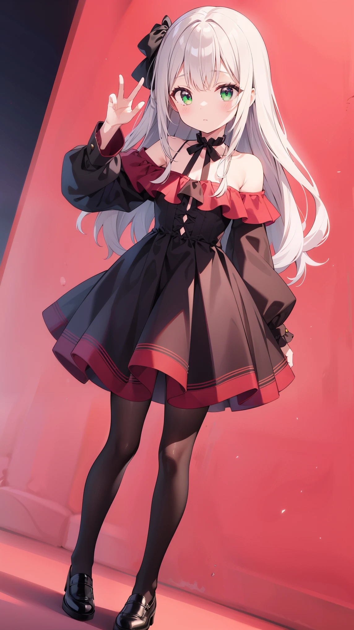 (highest quality), (masterpiece), 1080P, HD, 4K, 8K, cool pose, Taken close up, Are standing, Make eye contact with this, 122 years old, Red right eye, Green left eye, odd eye, Fine face, Red off-the-shoulder dress, black tights, small breasts, whole body, Long white hair, big black ribbon in hair, black leather shoes,