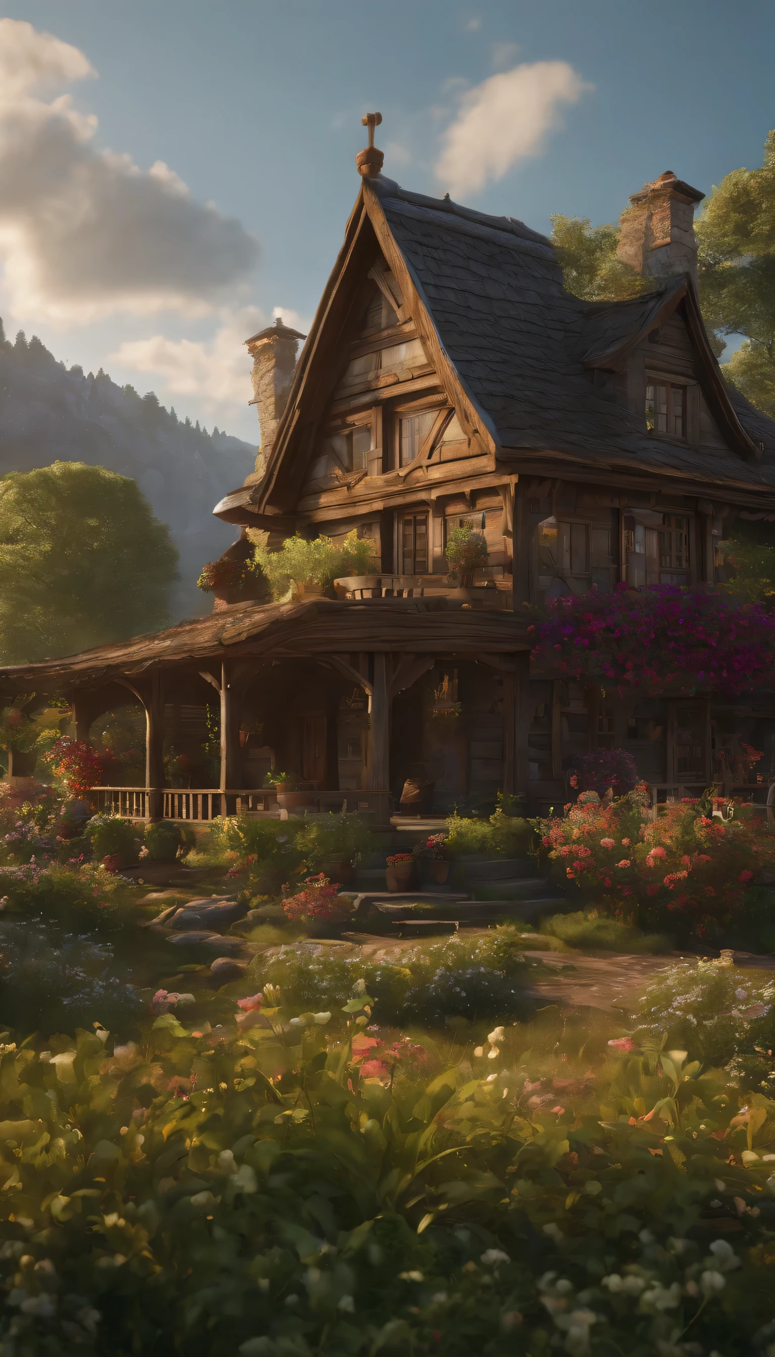 (Highly detailed CG Unity 8K wallpaper、masterpiece、highest quality、Super detailed)、(best lighting、best shadow、very delicate and beautiful)、highest quality、8K、Detailed facial depiction、masterpiece、highest quality、clear image quality、Photo of an old wooden house and the surrounding nature