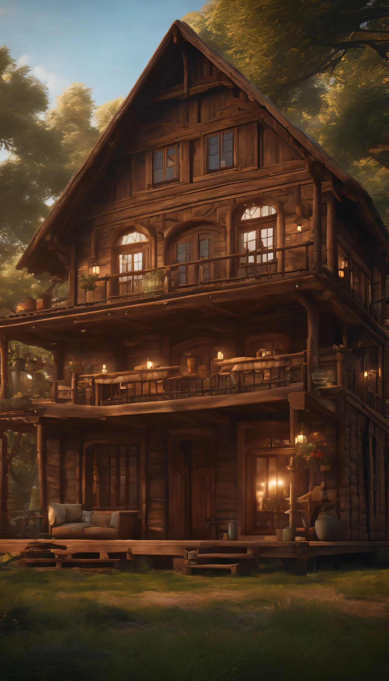 (Highly detailed CG Unity 8K wallpaper、masterpiece、highest quality、Super detailed)、(best lighting、best shadow、very delicate and beautiful)、highest quality、8K、Detailed facial depiction、masterpiece、highest quality、clear image quality、Photo of an old wooden house and the surrounding nature