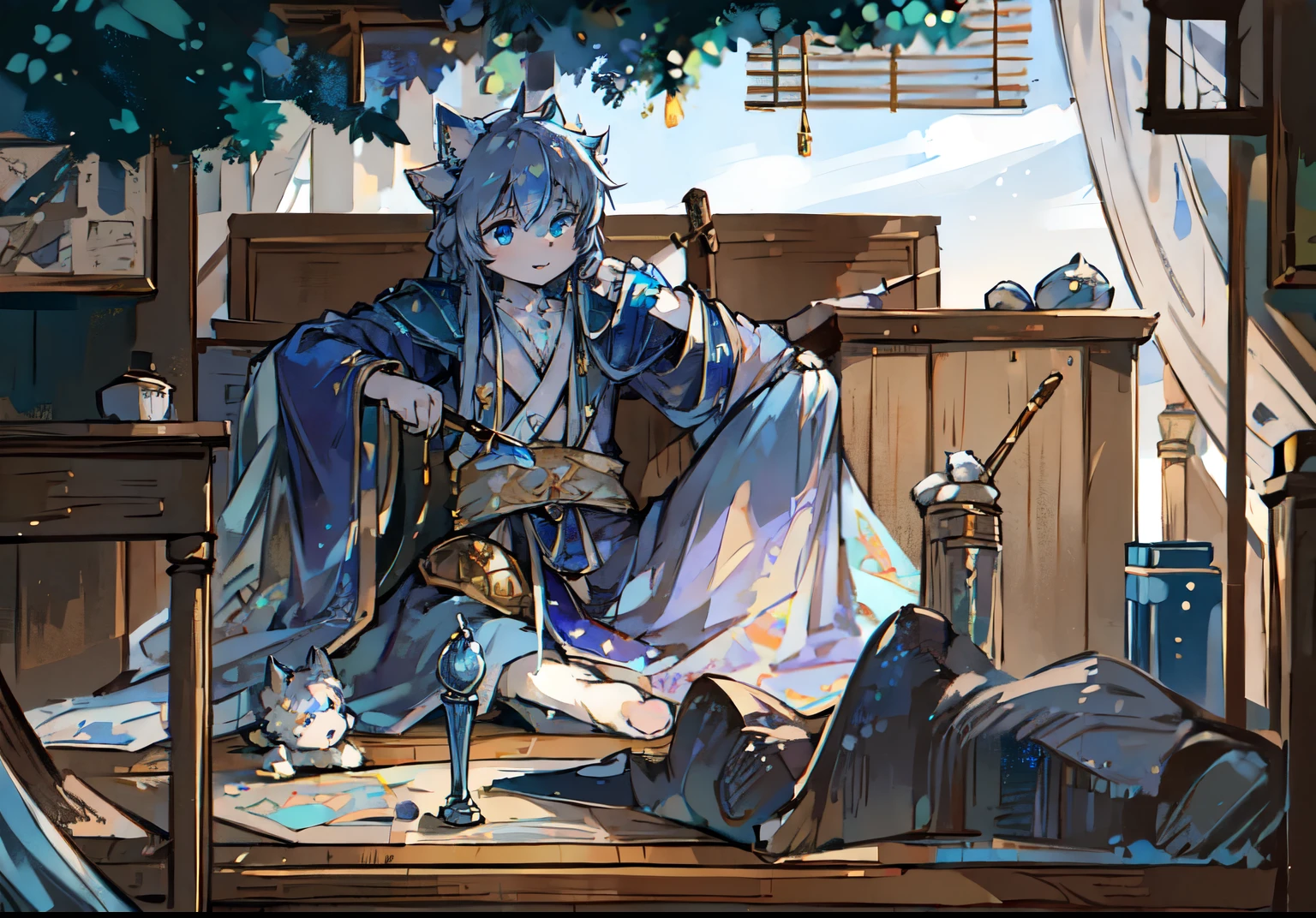a white cat,Handheld a scroll,Blue robes,Hold a brush,sitting in the attic,Blue longsword,Blue pupils,Cool colors,Lovely Shota,long table,War situation map,map,flowing robe,clear blue skies,graceful,Paper spread on the table