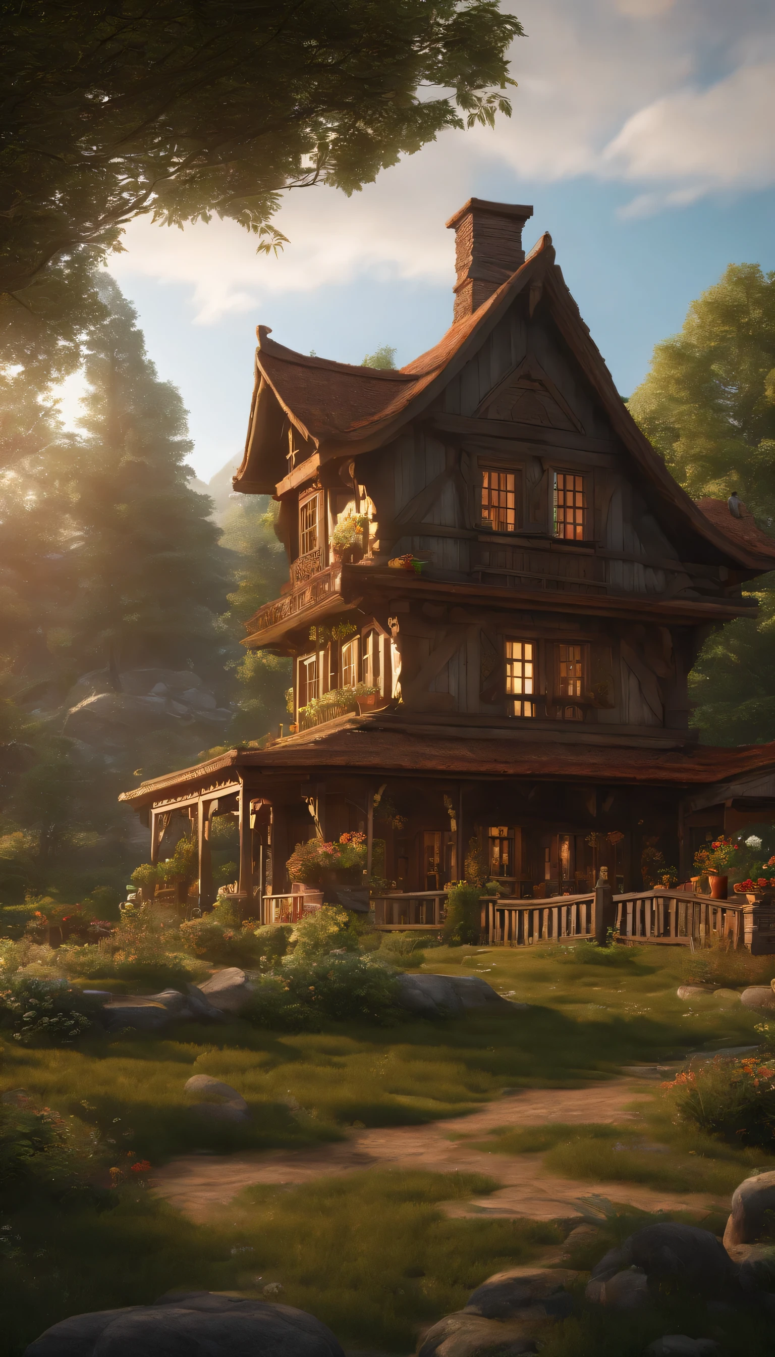 (Highly detailed CG Unity 8K wallpaper、masterpiece、highest quality、Super detailed)、(best lighting、best shadow、very delicate and beautiful)、highest quality、8K、Detailed facial depiction、masterpiece、highest quality、clear image quality、Photo of an old wooden house and the surrounding nature