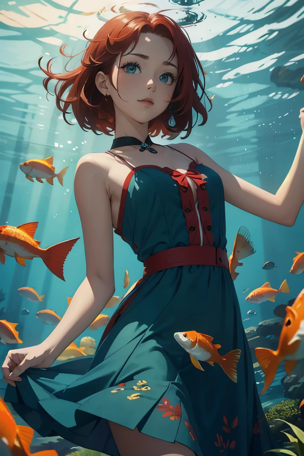 A woman with red hair and a teal dress stands underwater, surrounded by goldfish.