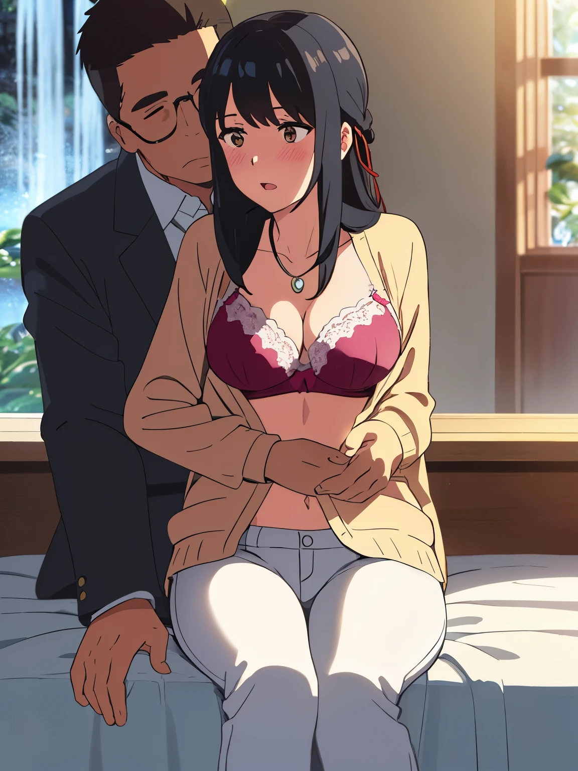 1middle age man, wrinkle face, black hair,bangs swept to the right side, Middle aged man behind girl, touching chest, breatsgrope from behind, grab, grabbing chest,chestgrab behind back, removing bra, hold bra, hug back, hugging, neck kiss, 1girl, black hair, waterfall braid, red ribbon, long hair, brown eyes, blue star necklace, light cardigan pink, open shirt, yellow shirt open shifrt, navel, white bra, white pants, cute, open mouth, full body, long sleeves, cowboy shot, masterpiece, on a dating, blushing, bedroom, night, sit on bed