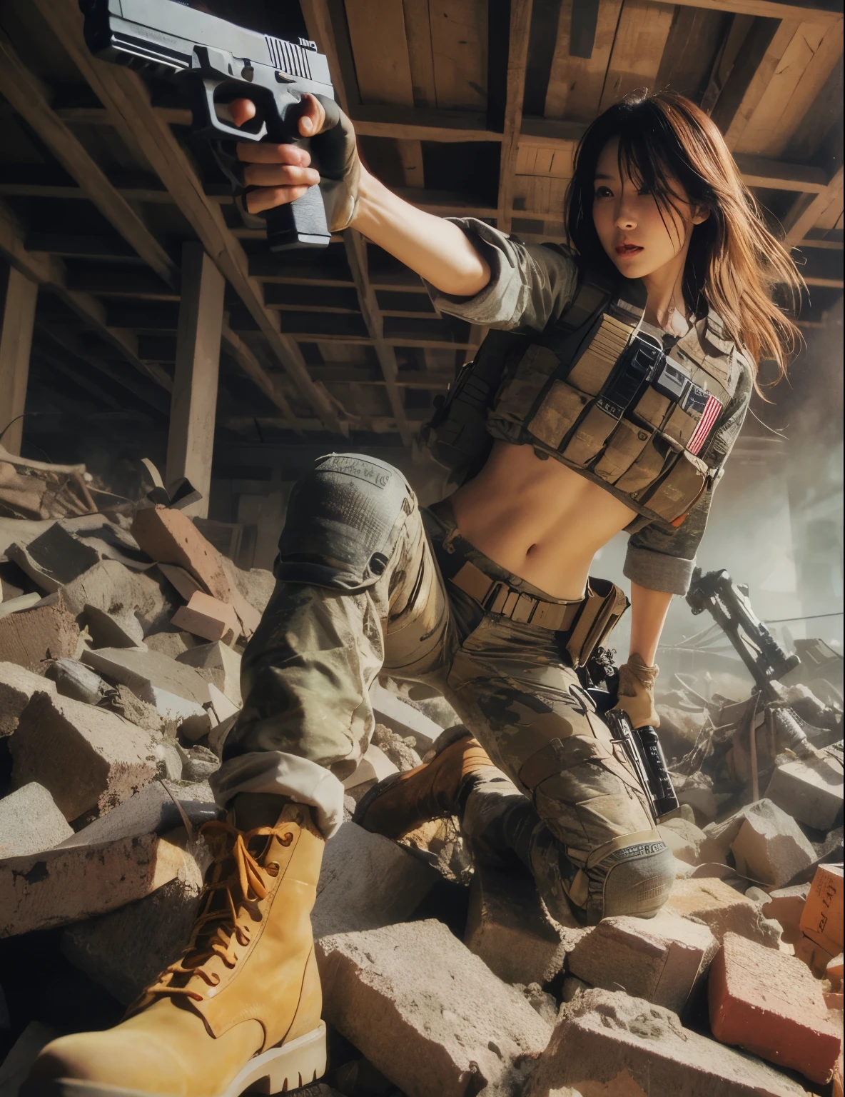 photorealistic、Realistic skin textures、A beautiful Japanese woman belonging to the American military is standing、aiming with a gun、standing position、standing on rubble、Action poses with movement、Image from below、Dirty boots