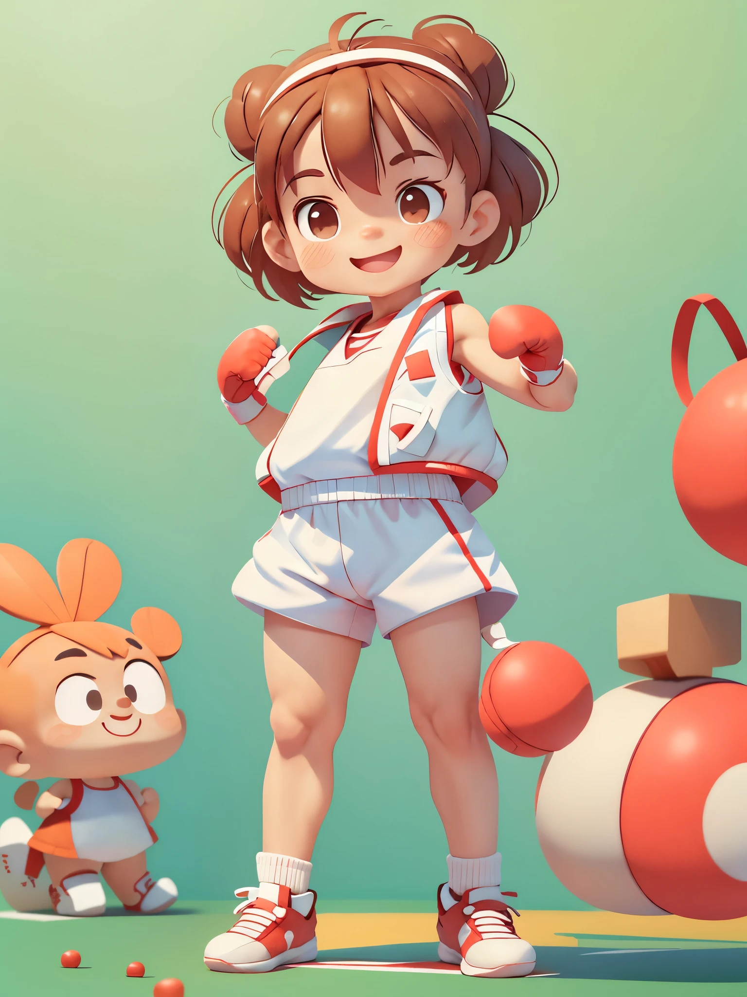 dream to be(Boxer)of cute girls, (()),Dress up as a boxer,Wearing white(((sports vest))), ((Red sports shorts)),Wearing boxing gloves(The right boxing gloves),Boxing stance,(Stand in boxing position),smiling, (masterpiece: 1.2) (actual: 1.2) (Bokeh) (best quality) (delicate skin: 1.3) (intricate details) (8k) (exquisite eyes) (sharp focus),