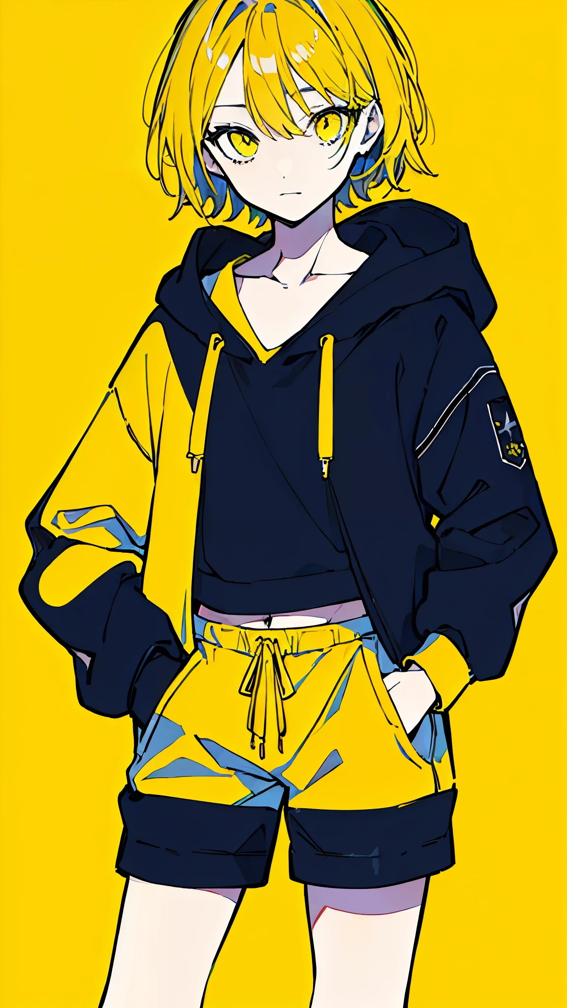 (masterpiece, highest quality:1.6), alone, thick outline, (simple background, Dark yellow background, monochrome, dark yellow theme:1.2), official art, Key Visual, 8K, disorganized, whole body, (Unique hair, Oversized Hoodies, hot pants, arch back, short torso:1.2), belly button, thighs, cowboy shot, HDR, sharp focus, High resolution, most detailed, very detailed, Super detailed, finely, detailed eyes and face, sharp pupils, realistic student, solo, yellow and green contrast, solo, hands in pockets