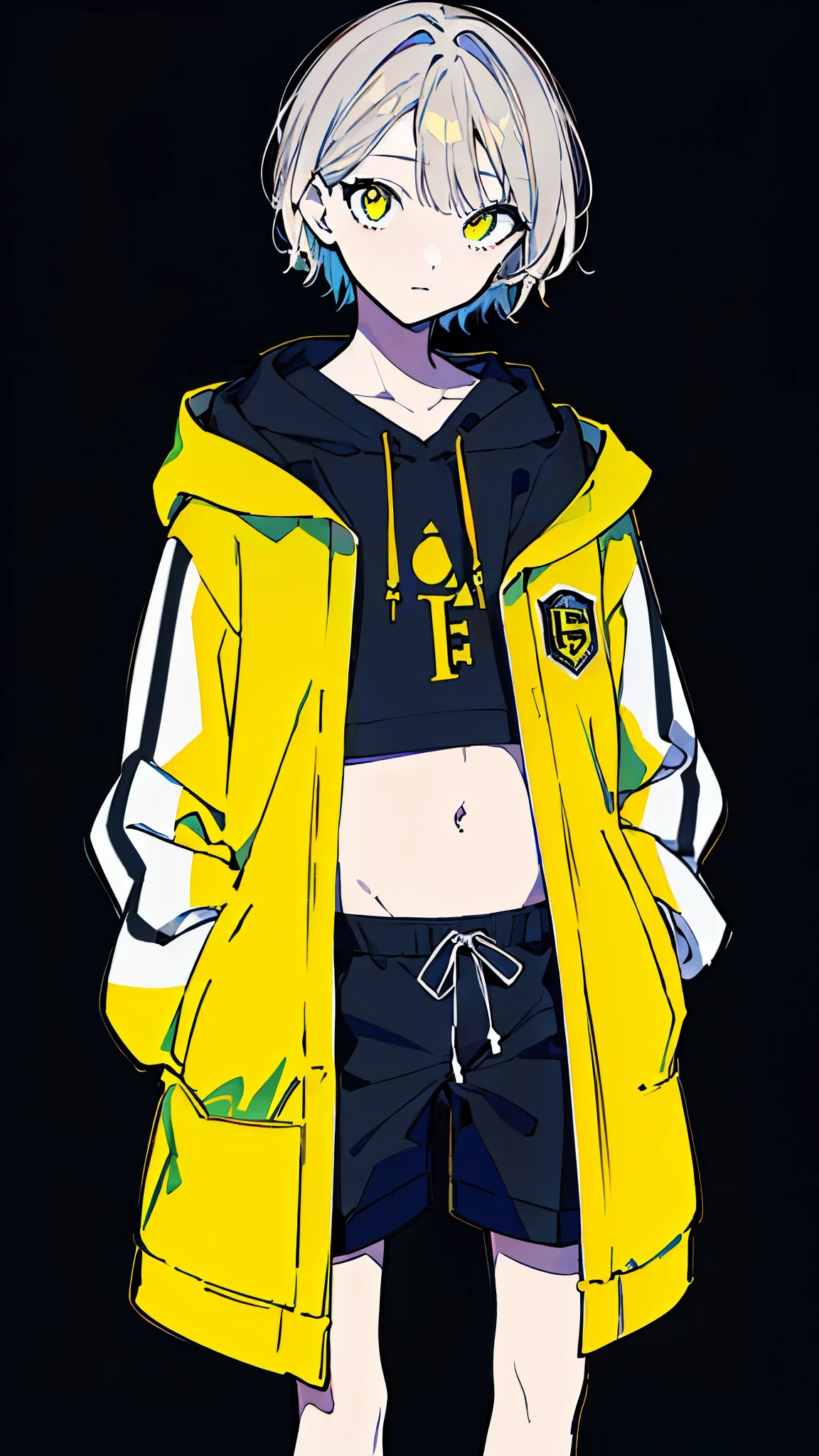 (masterpiece, highest quality:1.6), alone, thick outline, (simple background, Dark yellow background, monochrome, dark yellow theme:1.2), official art, Key Visual, 8K, disorganized, whole body, (Unique hair, Oversized Hoodies, hot pants, arch back, short torso:1.2), belly button, thighs, cowboy shot, HDR, sharp focus, High resolution, most detailed, very detailed, Super detailed, finely, detailed eyes and face, sharp pupils, realistic student, solo, yellow and green contrast, solo, hands in pockets
