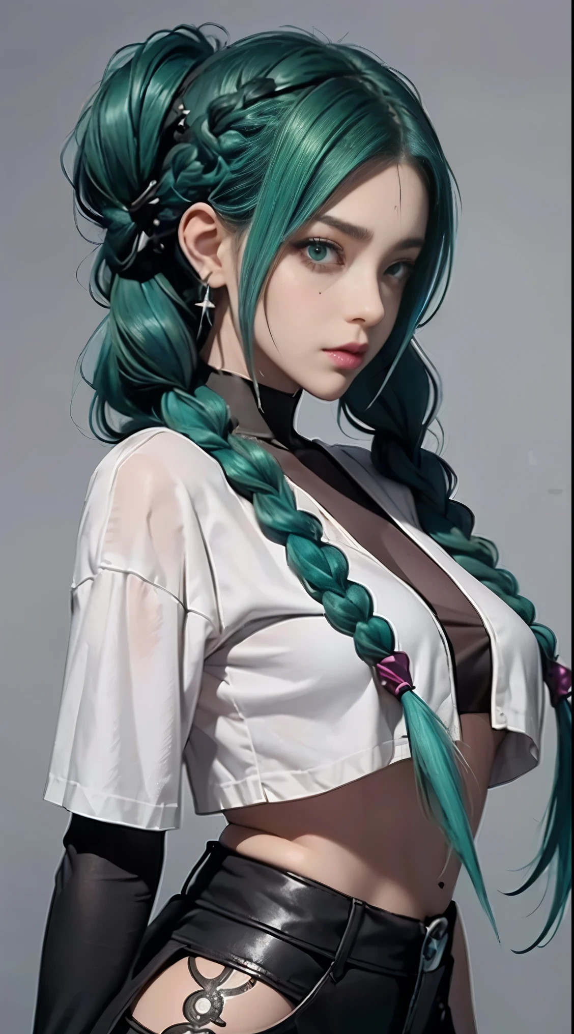 uma mulher com cabelo verde e tatuagens, mulher cyberpunk mulher anime, pants, Deusa cyberpunk raivosa bonita, estilo de arte cyberpunk, arte digital de anime cyberpunk, arte de anime cyberpunk, Arcane, Retrato, arte de anime cyberpunk, arte com tema cyberpunk, cyberpunk fantasia sombria, estilo arcano, 1 garota, stars tattoo on arm, asymmetrical bangs, franja, cabelo verde, green braids, camisa marrom, tatuagem de estrelas, lateralmente, cabelo verde, cabelo longo, olhos cor de rosa, Red lips, standing , tatuagem de nuvem, Twin braids. Jinx de arcano. Garota de cabelo verde, garota de Twin braids, uma garota em um lugar em chamas, spark, esferas de luz, Film Poster, Arcane\(Liga das Lendas\