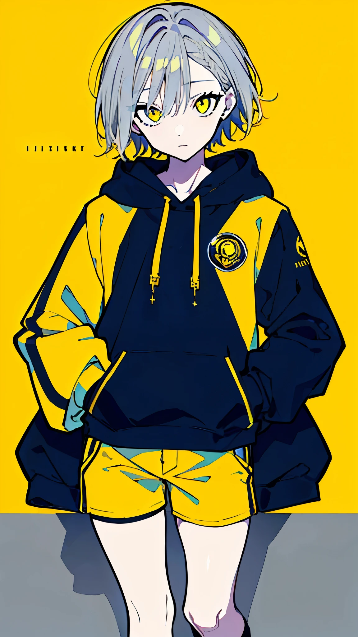 (masterpiece, highest quality:1.6), alone, thick outline, (simple background, Dark yellow background, monochrome, dark yellow theme:1.2), official art, Key Visual, 8K, disorganized, whole body, (Unique hair, Oversized Hoodies, hot pants, arch back, short torso:1.2), belly button, thighs, cowboy shot, HDR, sharp focus, High resolution, most detailed, very detailed, Super detailed, finely, detailed eyes and face, sharp pupils, realistic student, solo, yellow and gray contrast, solo, hands in pockets