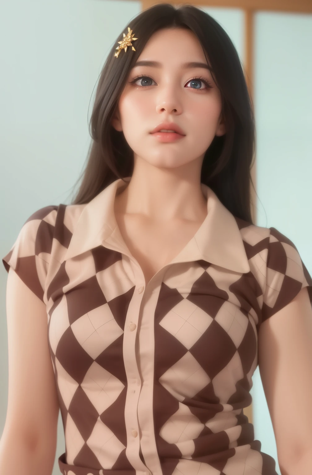 Beautiful big breastokeh), indoors, detailed luxury living room, gentle and charming beautiful goddess, Korean(kpop-idol), solo, necklace, oval face, double eyelids, smart, good hands, good feet, Natural, (from below angle), (glossy skin:1.05), ((low angle)), Perfect figure, (64k, UHD, RAW photo, best quality, masterpiece:1.4), (realistic, photo-realistic:1.37), ultra high res, photon mapping, radiosity, physically-based rendering, professional soft lighting, blue eyes, purpel hair