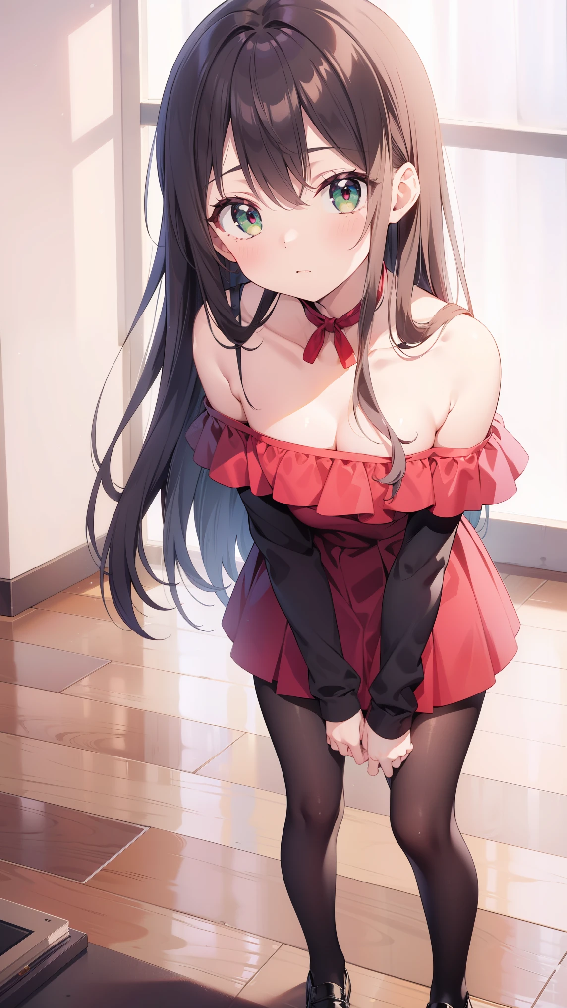 (highest quality), (masterpiece), 1080P, HD, 4K, 8K, unique posture, Taken close up, Are standing, Make eye contact with this, 22 years old, Red right eye, Green left eye, odd eye, Fine face, Red off-the-shoulder dress, black tights, small breasts, whole body, Long white hair, big black ribbon in hair, black leather shoes,