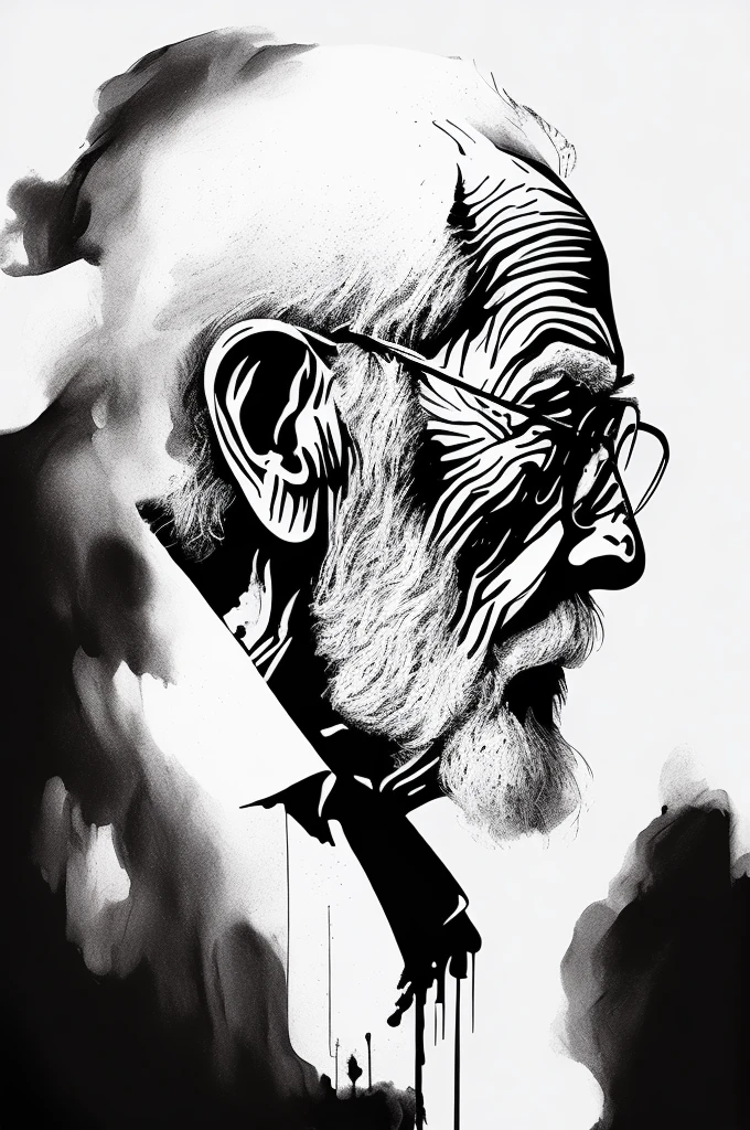 (ink style art:1.3), abstract painting of an old man, Upper body, A work expressing the loneliness of the elderly, Works drawn with thick brush and ink, vector style, black ink, (white background), Simple style, Bold brush strokes, high quality