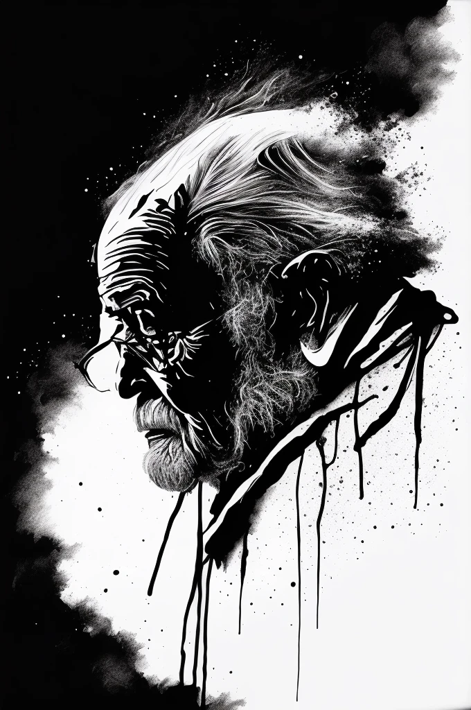 (ink style art:1.3), abstract painting of an old man, Upper body, A work expressing the loneliness of the elderly, Works drawn with thick brush and ink, vector style, black ink, (white background), Simple style, Bold brush strokes, high quality