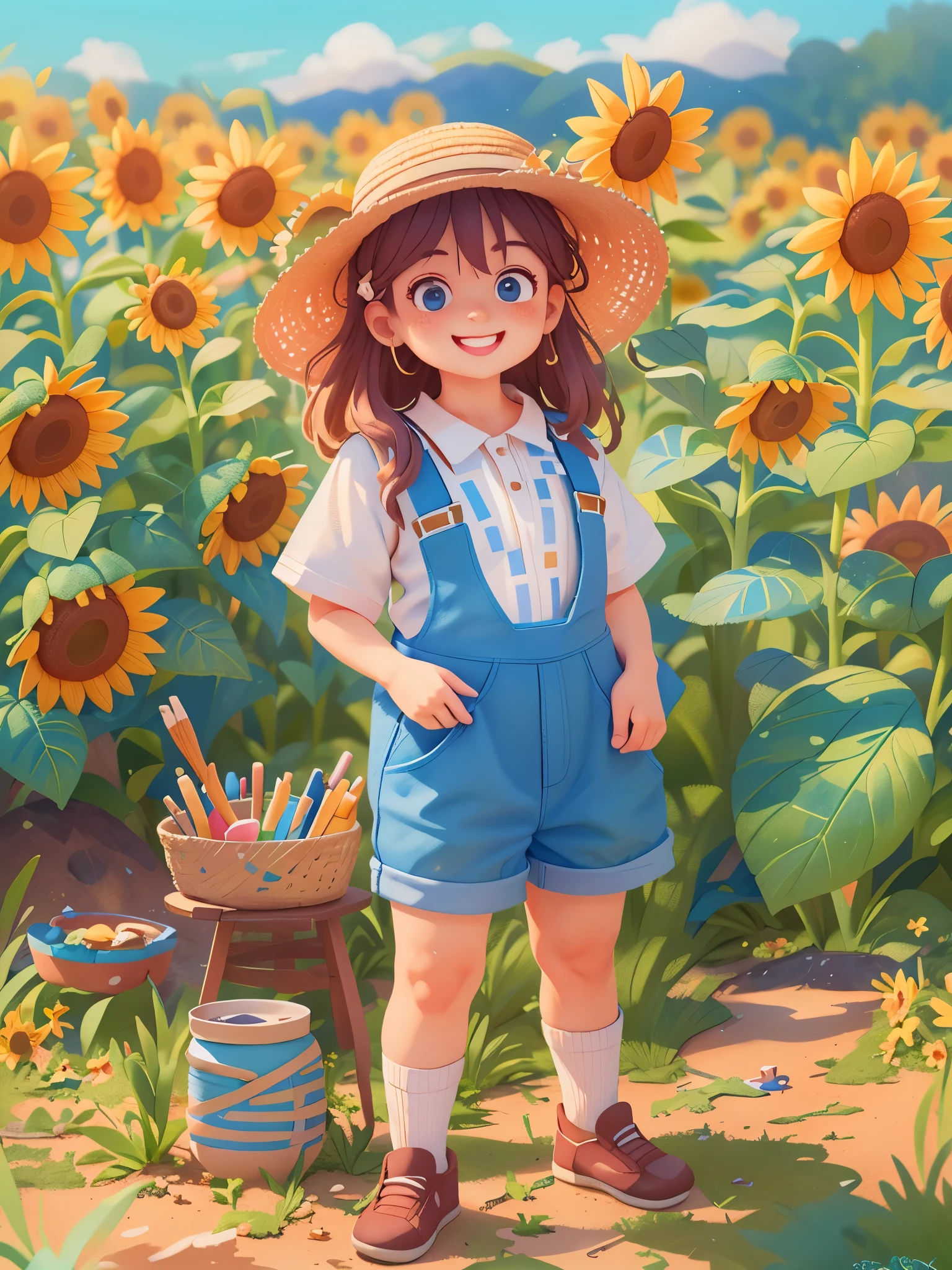 Cute girl who dreams of becoming a painter, ((preschool)),Dress up as a painter,wear(((White short sleeves))), ((Blue suspenders)),straw hat,Holding palette and brushes,standing,are,detailed background:Sunflower fields under blue sky,smiling, (masterpiece: 1.2) (actual: 1.2) (Bokeh) (best quality) (delicate skin: 1.3) (intricate details) (8k) (exquisite eyes) (sharp focus),