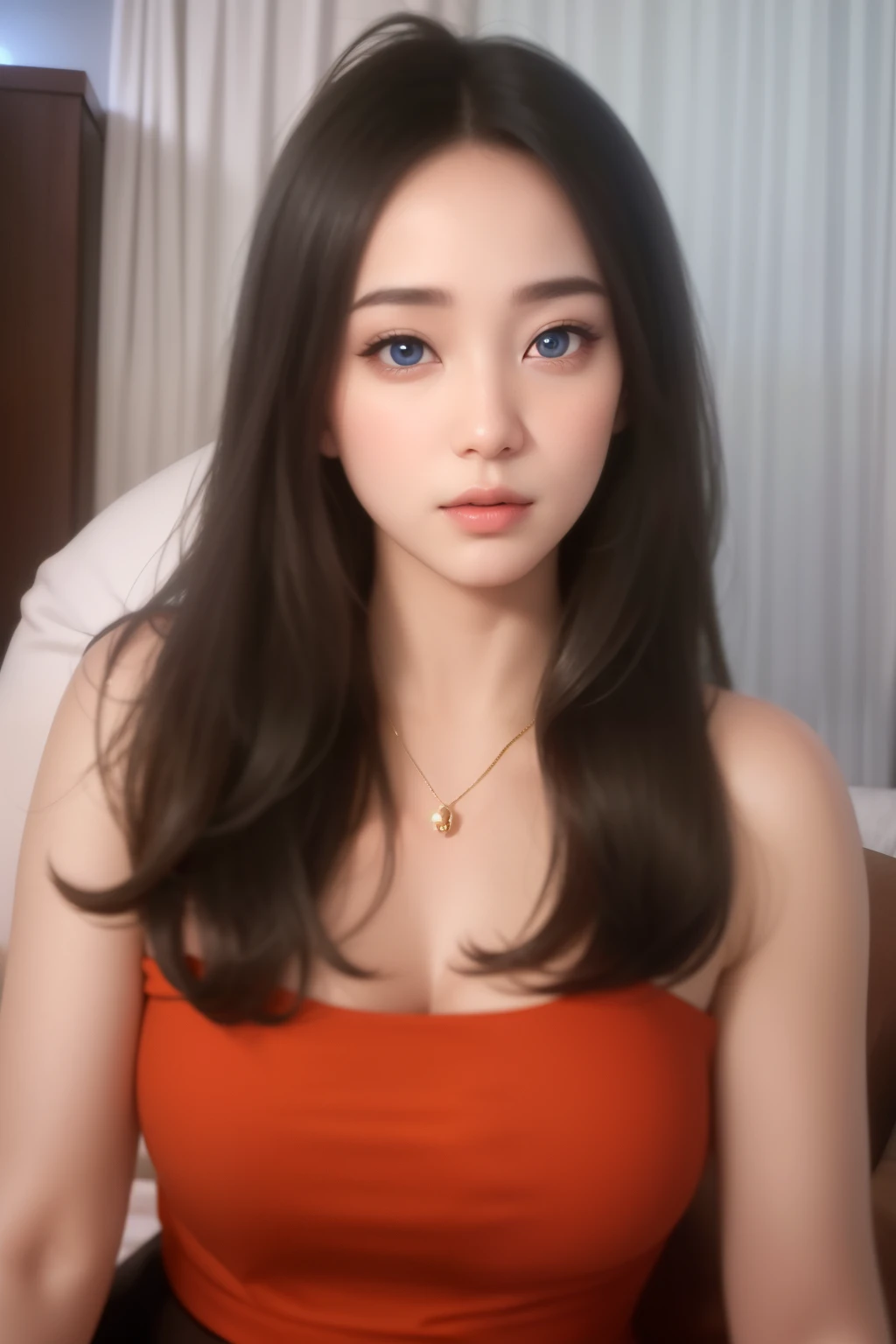 Beautiful big breastokeh), indoors, detailed luxury living room, gentle and charming beautiful goddess, Korean(kpop-idol), solo, necklace, oval face, double eyelids, smart, good hands, good feet, Natural, (from below angle), (glossy skin:1.05), ((low angle)), Perfect figure, (64k, UHD, RAW photo, best quality, masterpiece:1.4), (realistic, photo-realistic:1.37), ultra high res, photon mapping, radiosity, physically-based rendering, professional soft lighting, blue eyes