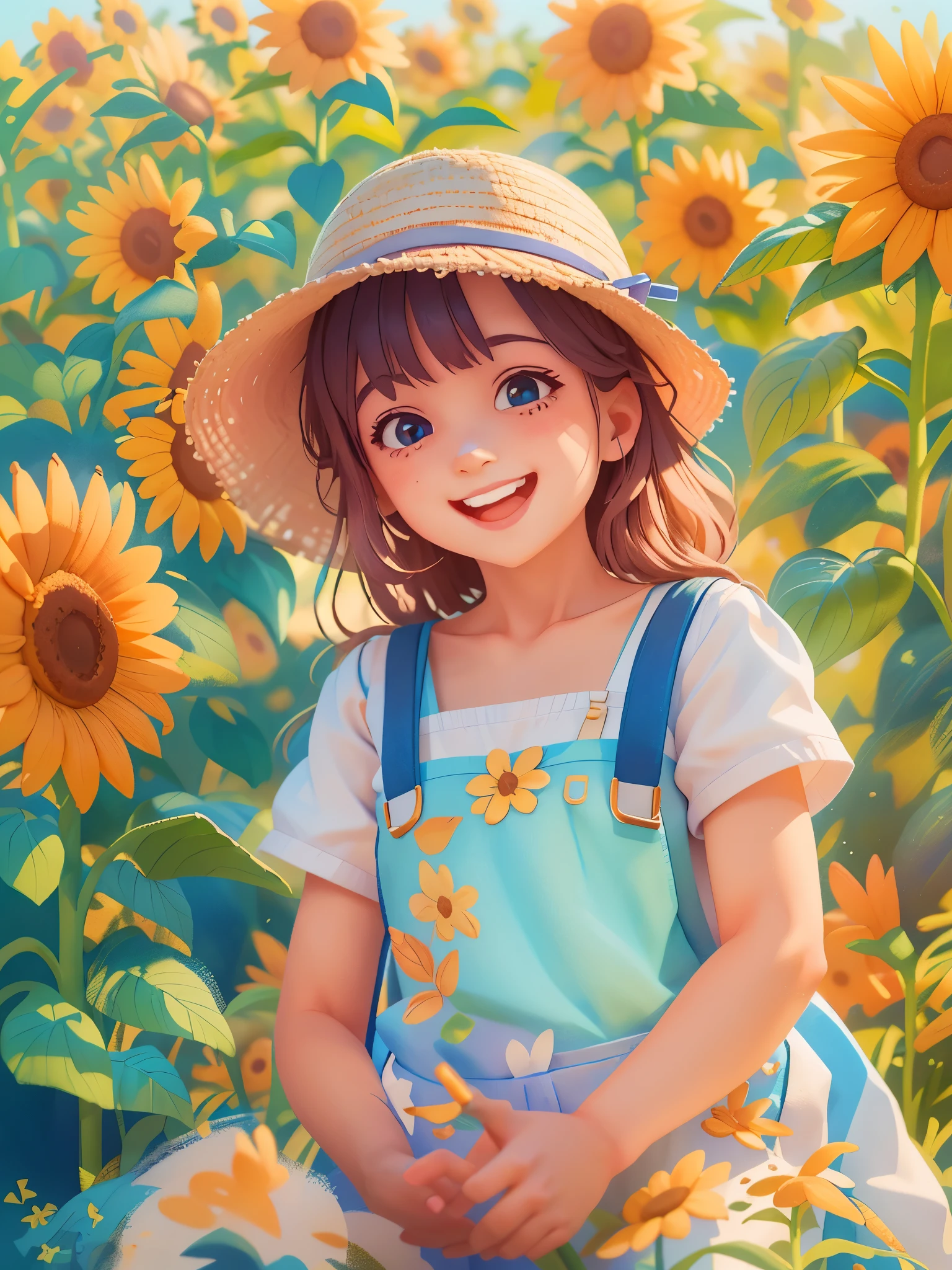 Cute girl who dreams of becoming a painter, ((preschool))，Dress up as a painter，wear(((White short sleeves))), ((Blue suspenders))，straw hat，Holding palette and brushes，standing，are，detailed background：Sunflower fields under blue sky，smiling, (masterpiece: 1.2) (actual: 1.2) (Bokeh) (best quality) (delicate skin: 1.3) (intricate details) (8k) (exquisite eyes) (sharp focus), 