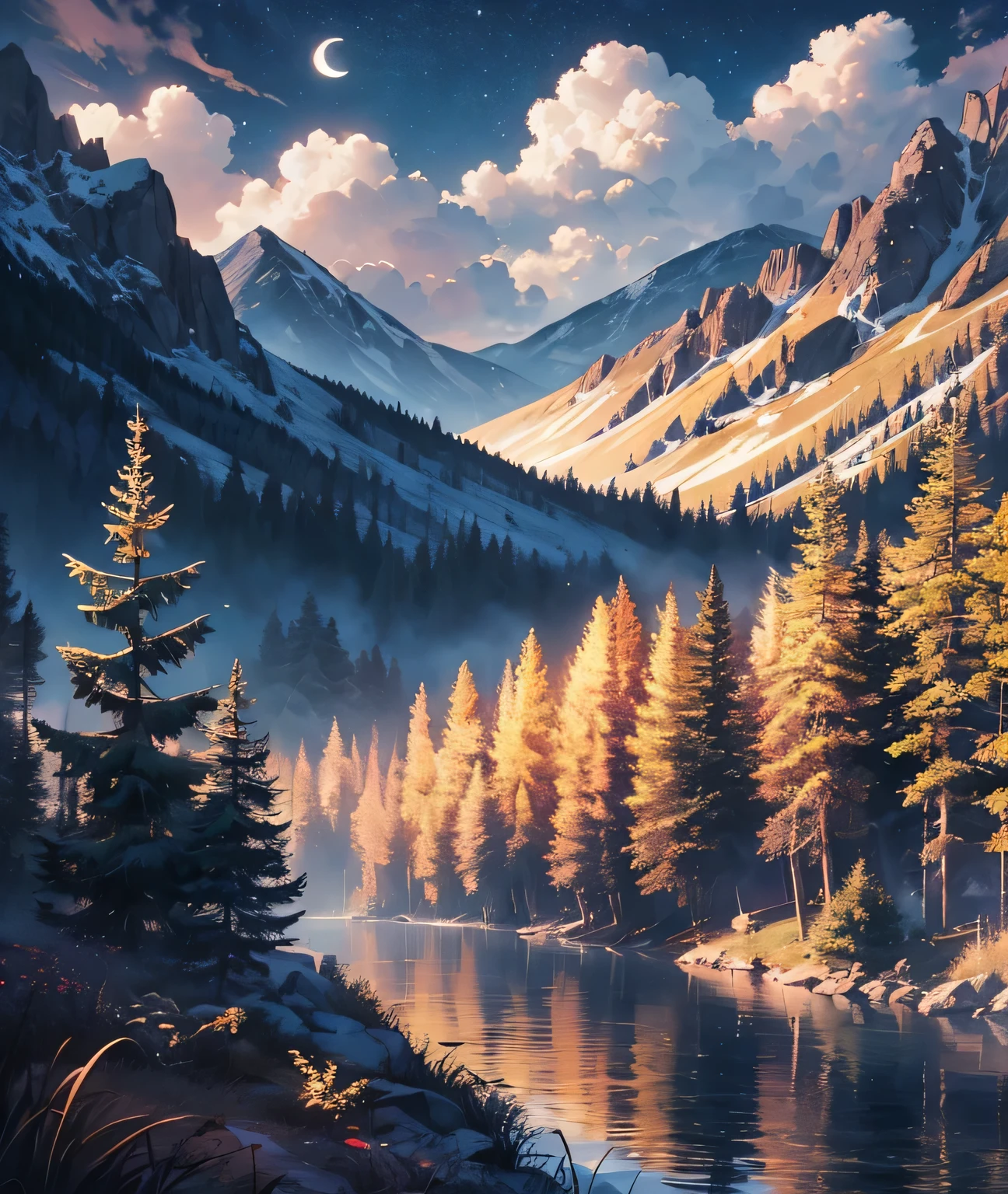 Very good 8KCG wallpapers, very fine 8K CG wallpaper, watercolor (medium), (((dark, Dark Night, Deep Night, the moon))) ((Sky color: dark blue)) (((Natural Background, mountains, wood))), path, ((plein air)) (((Character Deletion))) (((Excluding people)))