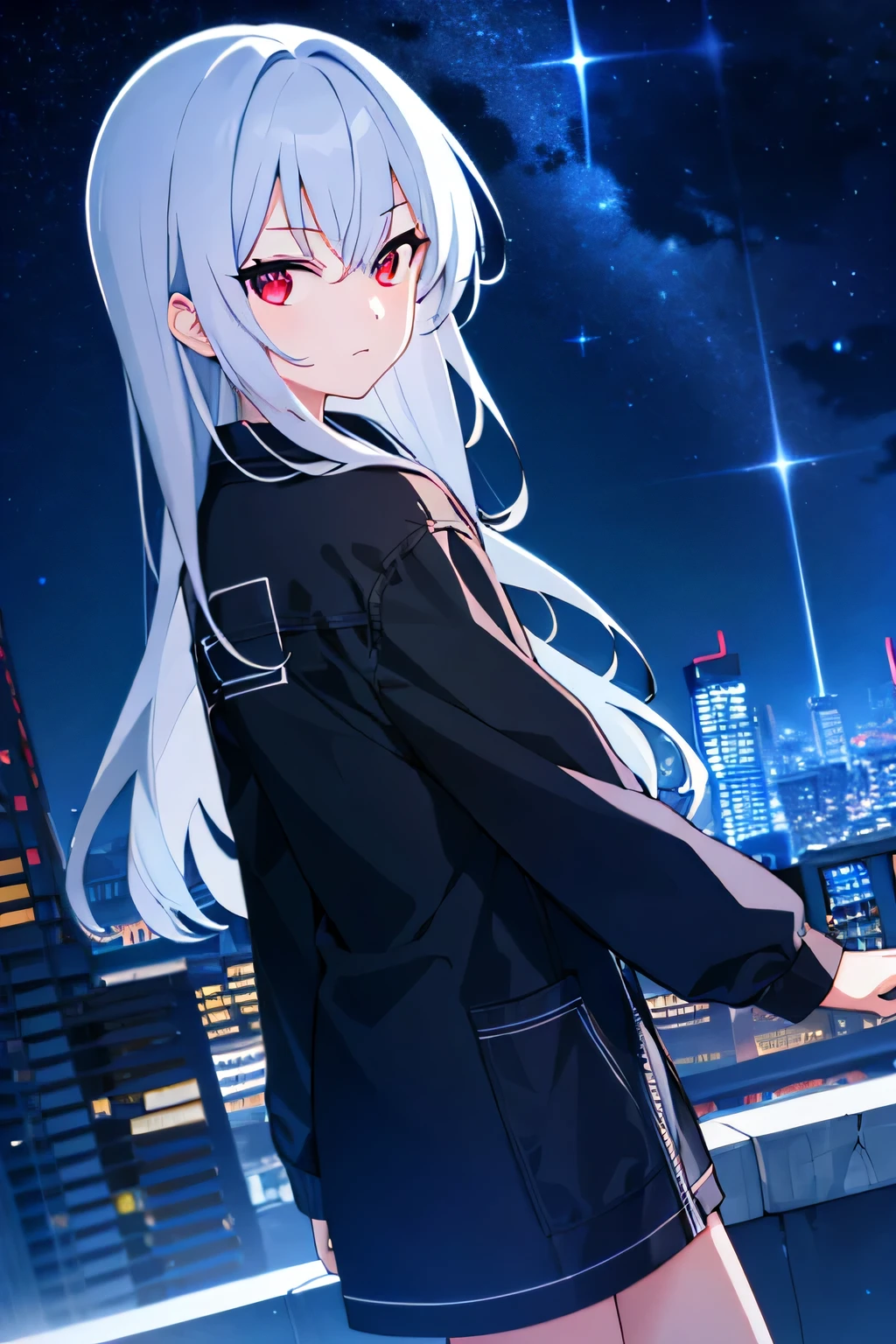 alone, 1 girl, silver hair, red eyes, cowboy shooting, poker face,  neon lights, city View, night, starry sky