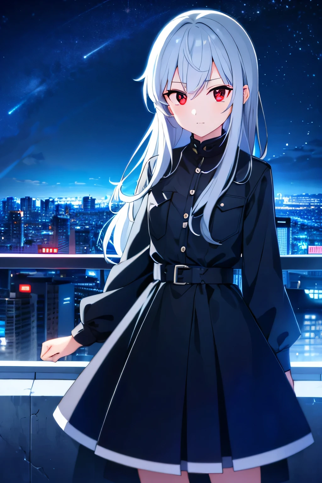 alone, 1 girl, silver hair, red eyes, cowboy shooting, poker face,  neon lights, city View, night, starry sky