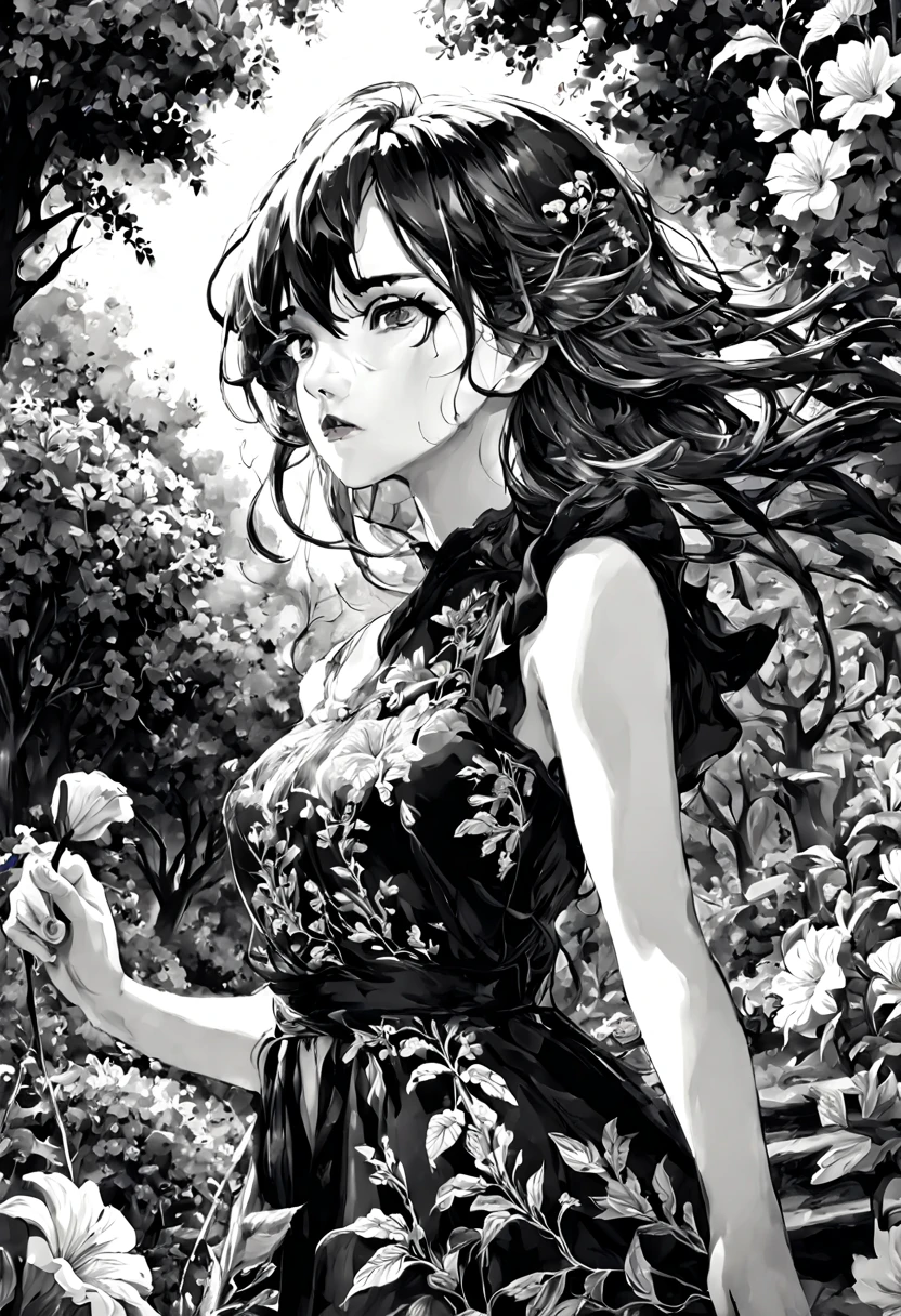 1girl, (highres, 4k), hyperrealistic (black and white ink drawing:1.5), intricately detailed girl with beautiful detailed eyes, beautiful detailed lips, and extremely detailed face, mid shot portraying 2/3 face angle, the girl is standing in a garden with trees and flowers, wearing a flowing dress, her hair blowing in the wind, splash art style with dynamic lines and strokes, giving it a concept art feel.