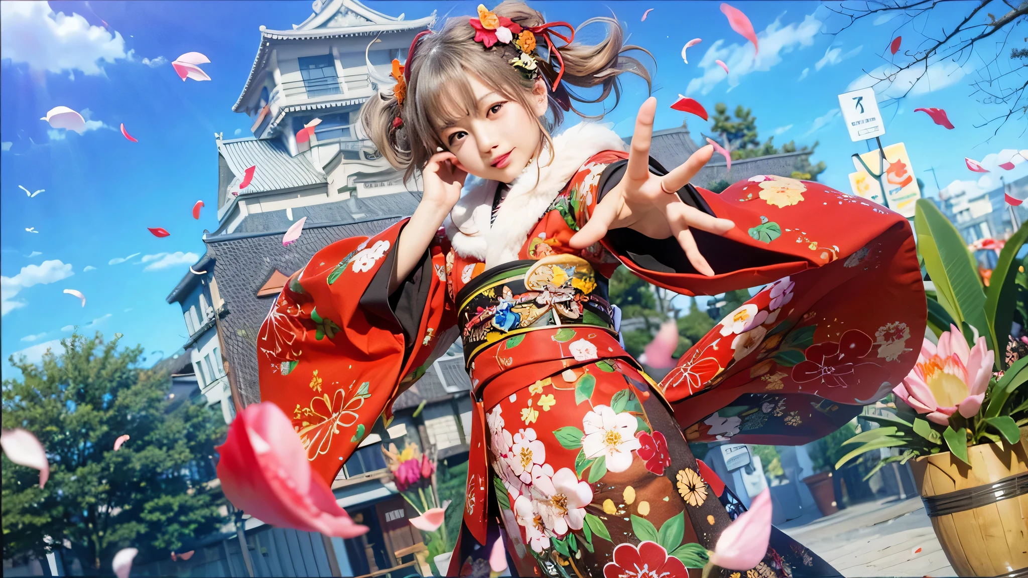 girl in kimono outfit with flowers in front of a building, wearing royal kimono, grey hair, drill hair, red eyes, normal eyes, normal hand, peace right hand