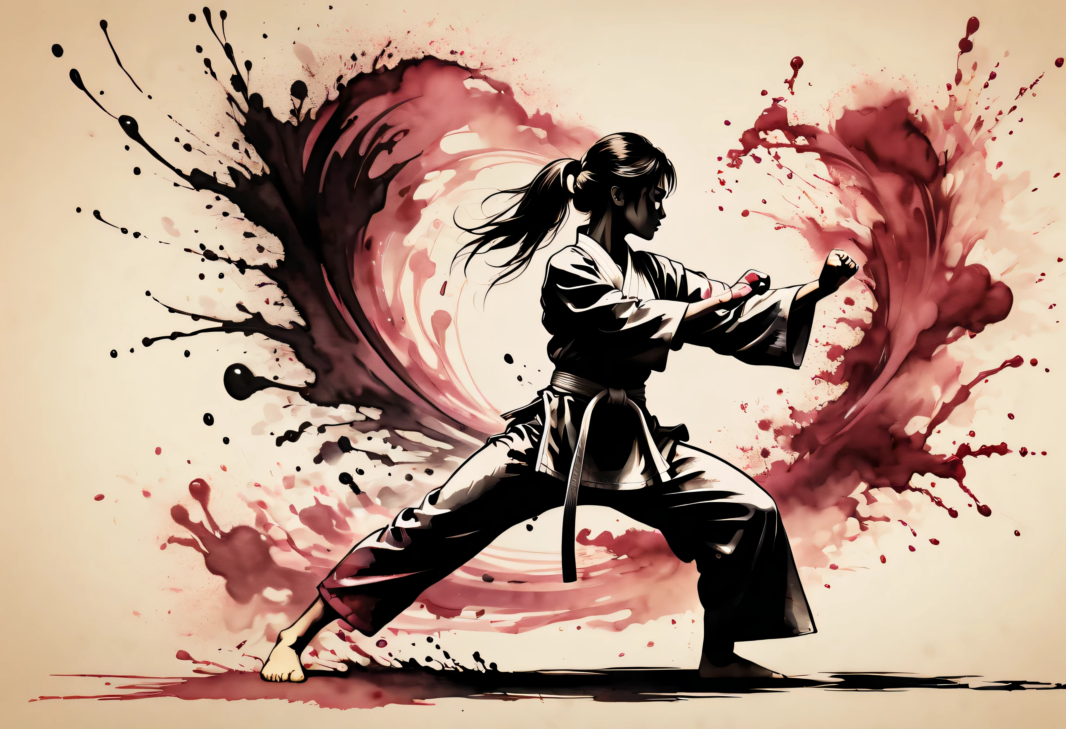 ((Violent_expression:1.2), ((Karate Kumite):1.5), ((2 Female):1.3) ((Female Karate):1.2), ((Hourglass_figure):1.1). ((Trading blows):1.3), | Outlined in black ink, the figure is depicted with smooth lines, expressing emotions and posture through the contrast of ink density. The background is minimalist, emphasizing light, shadow, and spatial perception.