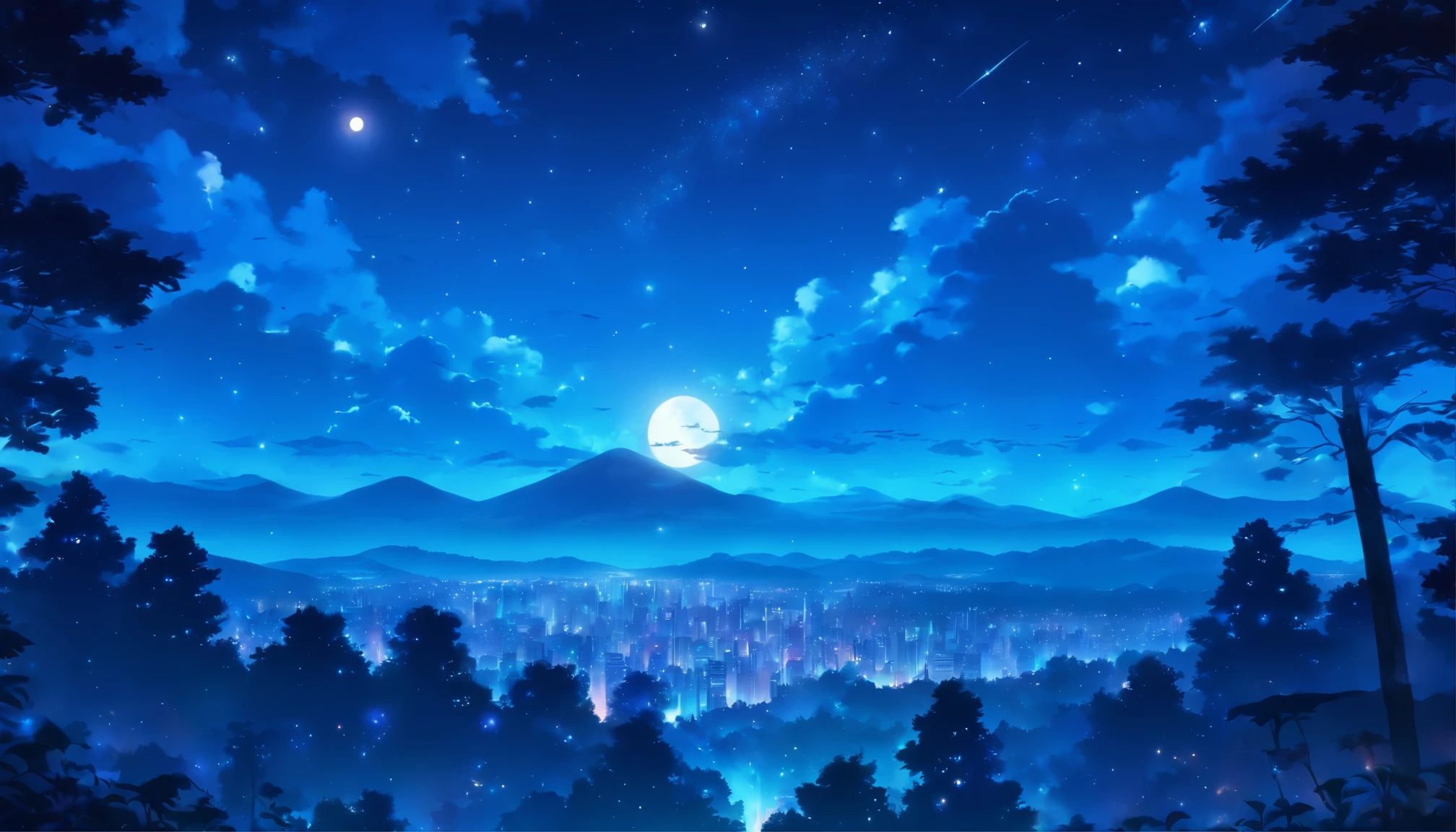 Blue night sky, city with blue lights, forest in background, stars, moon shining