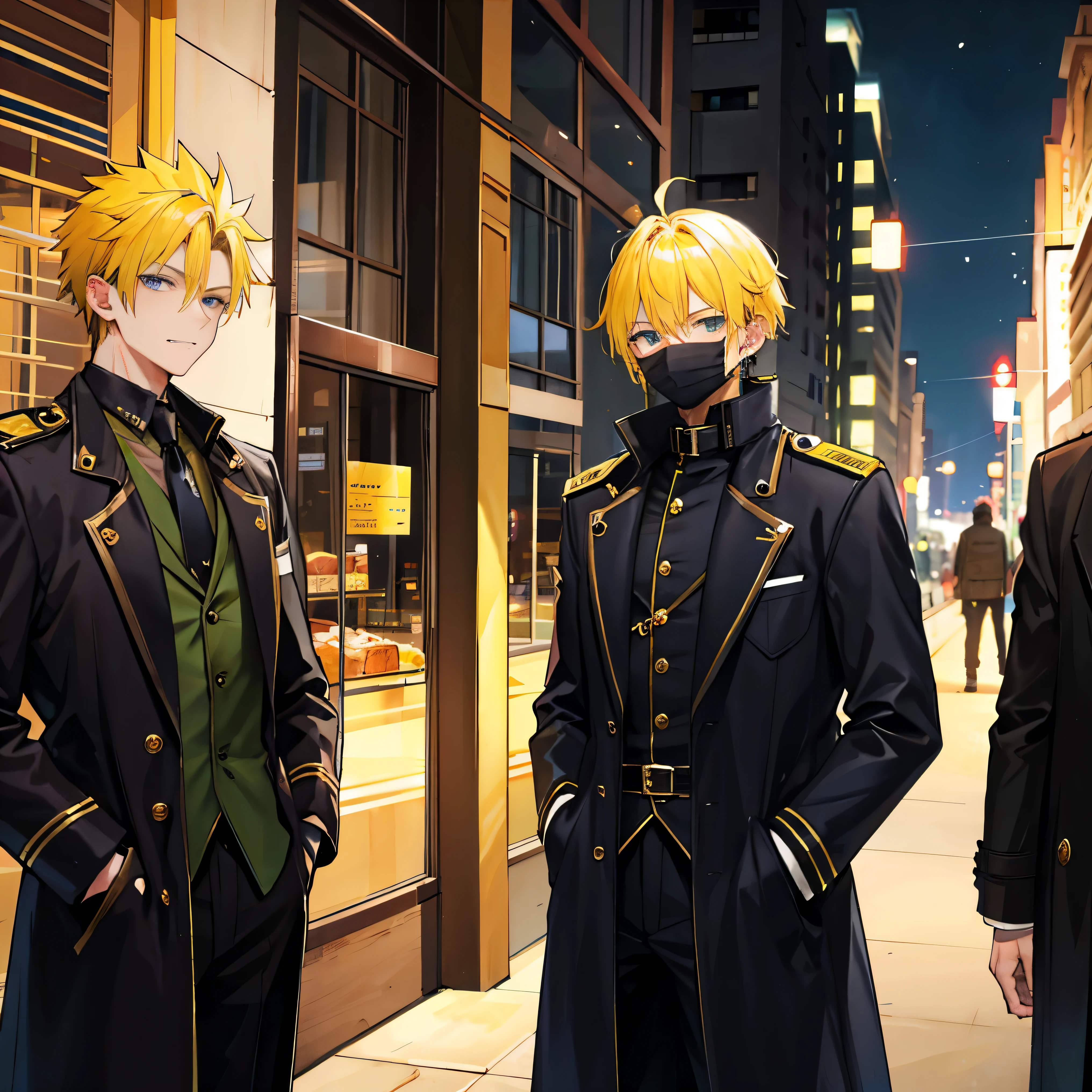A man,Handsome,Yellow hair, Spiky, nightcity,Sateen,ear-Ring, Face Mask, Militarry coat large,Put your hands in your pockets,