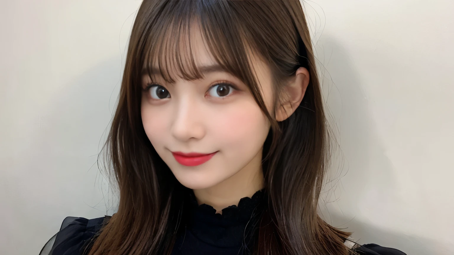 muste piece, best quality, illustration, Super detailed, fine details, High resolution, 8K Dende Wallpaper, perfect dynamic composition, beautiful detailed eyes, she is wearing a black dress,medium hair,natural color lip, shy smile,Harajuku style、20 year old girl、There is only one person, bust up photo、Correct posture、stretch your back、Never show your hands、Hands are not reflected、Stand up straight、cute type、looking at camera、C Cup、golden hair、Don't touch it、white background、background is white、pure white background