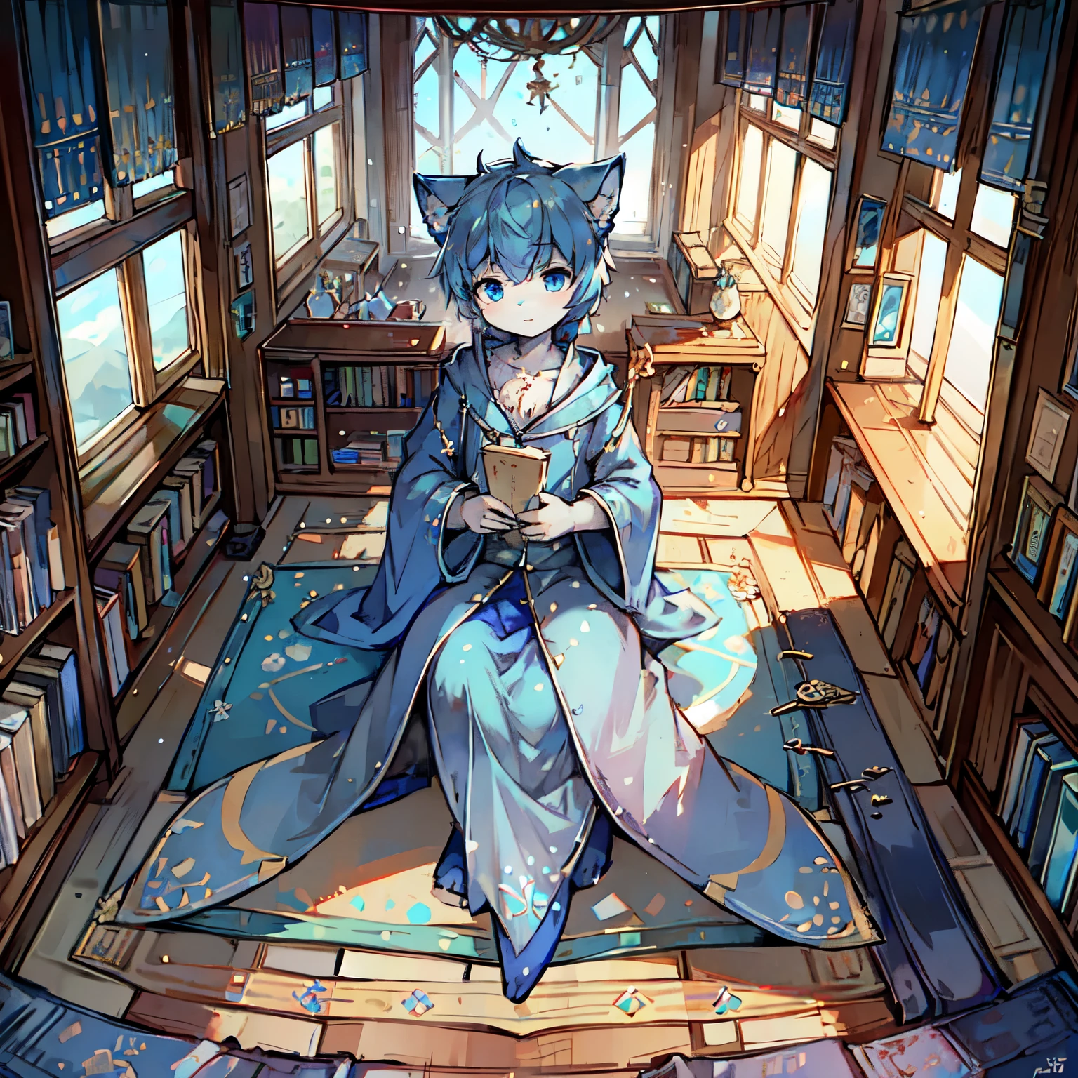 a white cat，Handheld a scroll，Blue robes，Hold a brush，sitting in the attic，Blue longsword，Blue pupils，Cool colors，Lovely Shota，map，flowing robe，clear blue skies，graceful，Paper spread on the table，Look at the book，sit on carpet，bookcase，Scrolls spread on the ground，scroll hanging on pillar，Gorgeous carpet