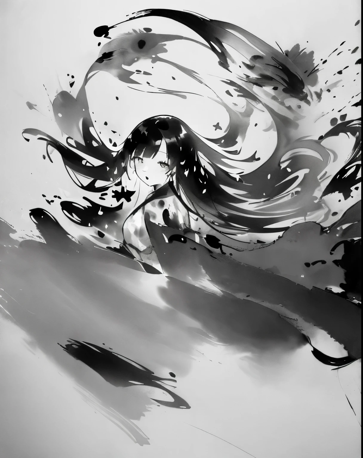 zydink, monochrome, ink sketch, 1women, asian (young women), (long hair), looking at viewer, long hair, floating hair, long sleeve dress, (abstract ink splash:1.2), white background