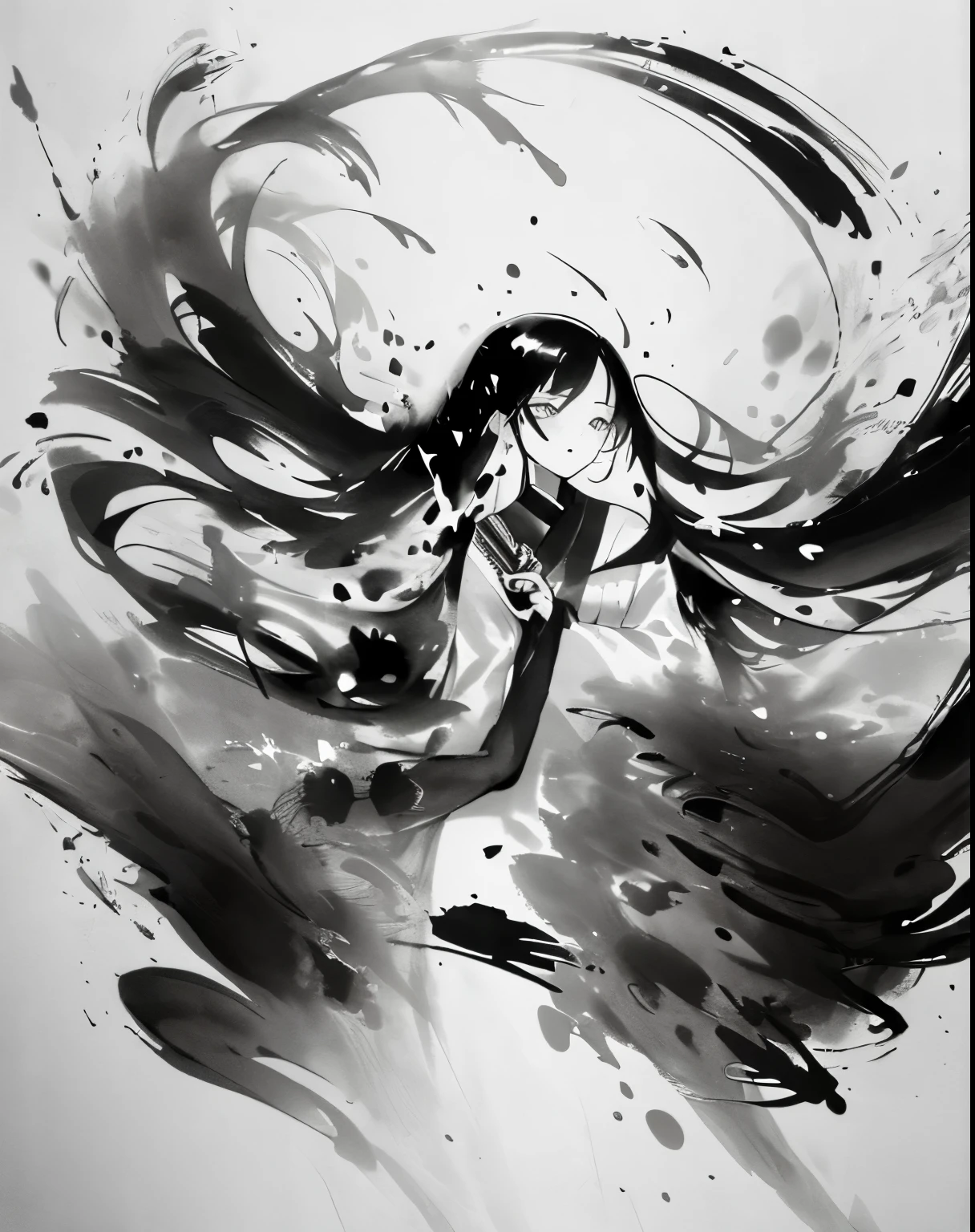 zydink, monochrome, ink sketch, 1women, asian (young women), (long hair), looking at viewer, long hair, floating hair, long sleeve dress, (abstract ink splash:1.2), white background