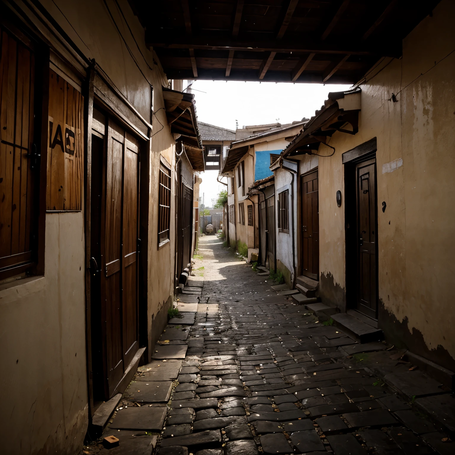 Slums, slums, narrow, dark corridors, houses made of wood.