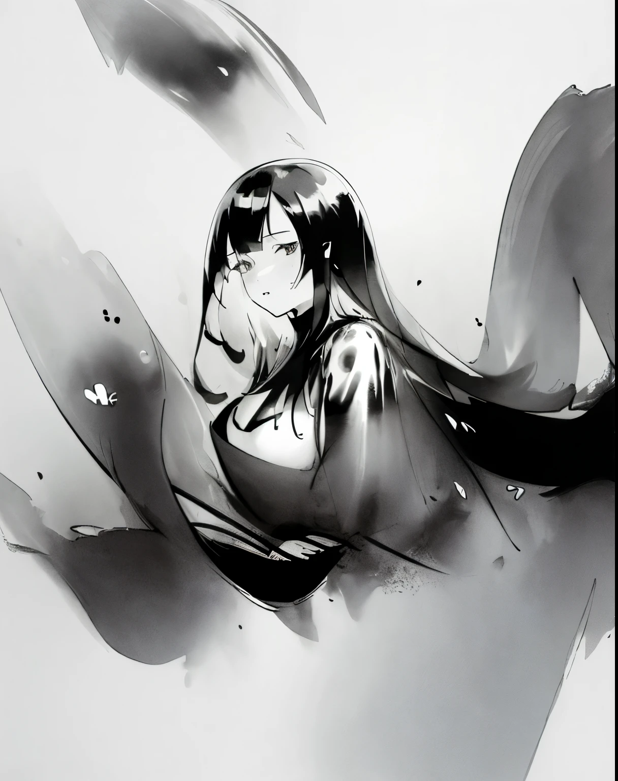 zydink, monochrome, ink sketch, 1women, asian (young women), (long hair), looking at viewer, long hair, floating hair, long sleeve dress, cleavage, giga_busty, (abstract ink splash:1.2), white background