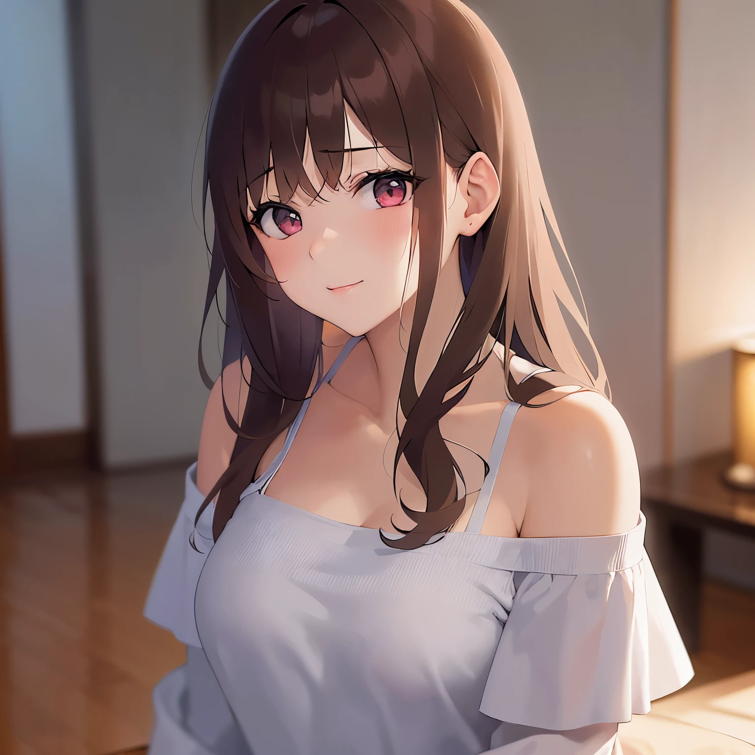 shooting from above、cinematic angle, (Placing hand on chest:1.2), real person, RAW photo, photorealistic, portrait photography, shiny skin, japanese idol、A 25-year-old woman with bright chestnut bangs.、(long wavy hair) and (pink eyes), (wearing an orange off-shoulder blouse:1.2), (shy:1.3), smile, blush, The background is the living room、Alone
