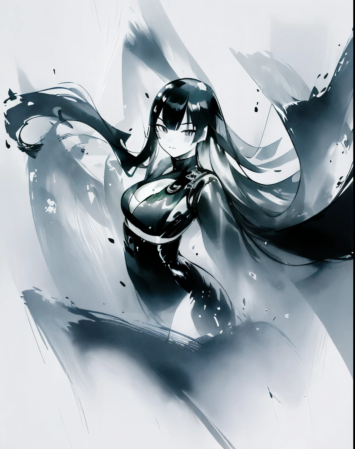 zydink, monochrome, ink sketch, 1women, asian (young women), (long hair), looking at viewer, long hair, floating hair, long sleeve dress, cleavage, giga_busty, (abstract ink splash:1.2), white background