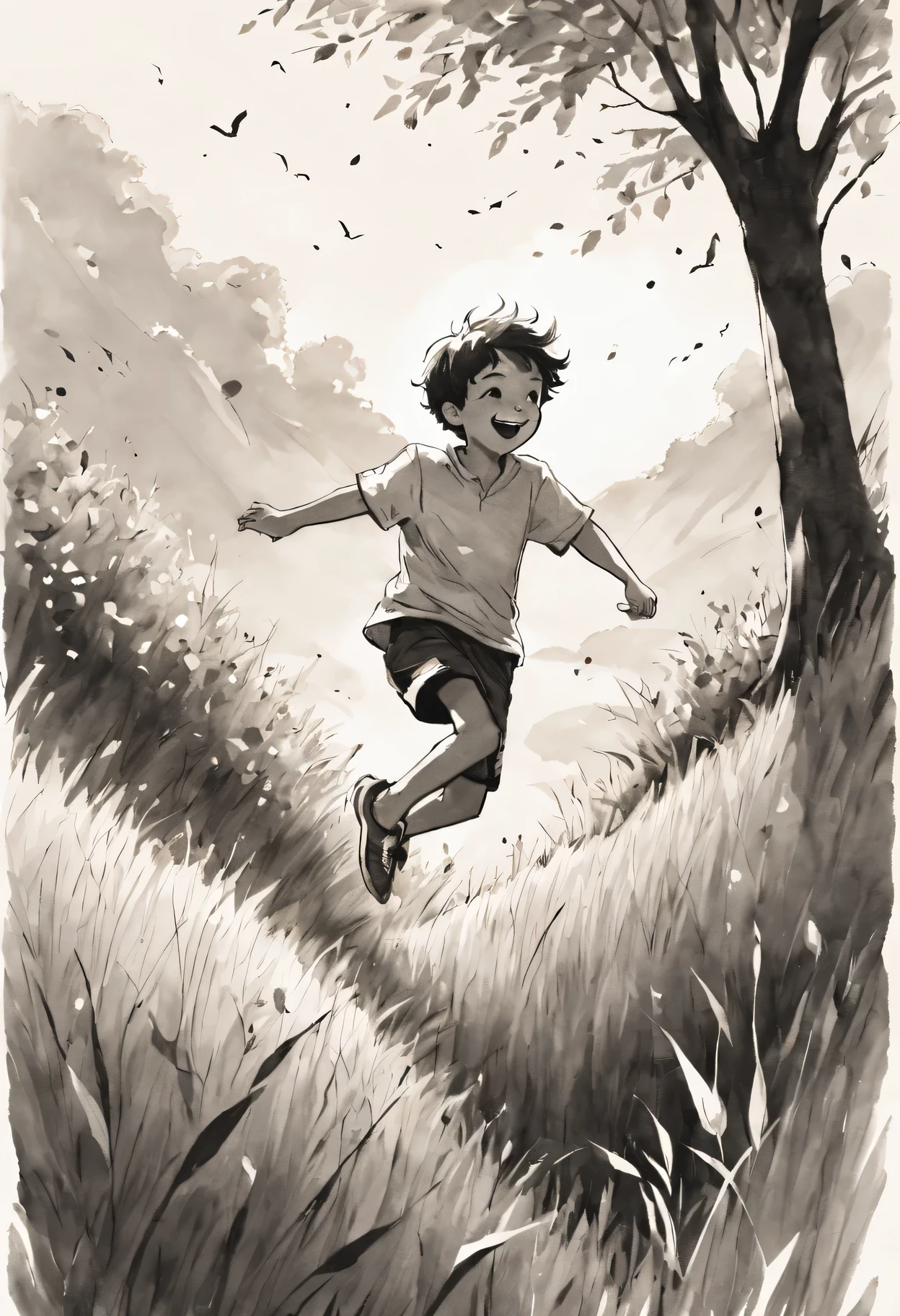 Ink style illustration,Outline with black ink,black and white,A happy boy playing on a grassy hillside,delicate eyes,lively expression,Jump with joy,The sun shines through the gaps in the leaves,The breeze rustled through the grass,Soft and delicate brushstrokes,subtle ink splatter,High contrast between light and dark colors,Beautifully textured paper,The ink lines are smooth,artistic creation,Playful and carefree mood