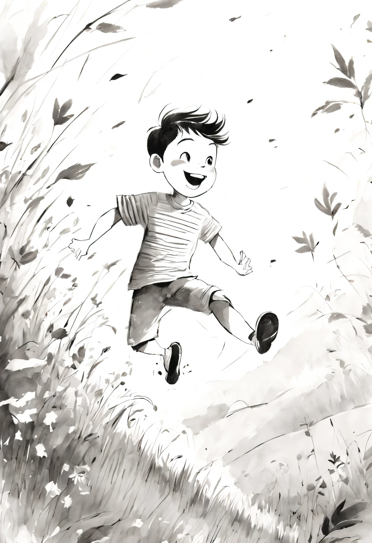 Ink style illustration,Outline with black ink,black and white,A happy boy playing on a grassy hillside,delicate eyes,lively expression,Jump with joy,The sun shines through the gaps in the leaves,The breeze rustled through the grass,Soft and delicate brushstrokes,subtle ink splatter,High contrast between light and dark colors,Beautifully textured paper,The ink lines are smooth,artistic creation,Playful and carefree mood