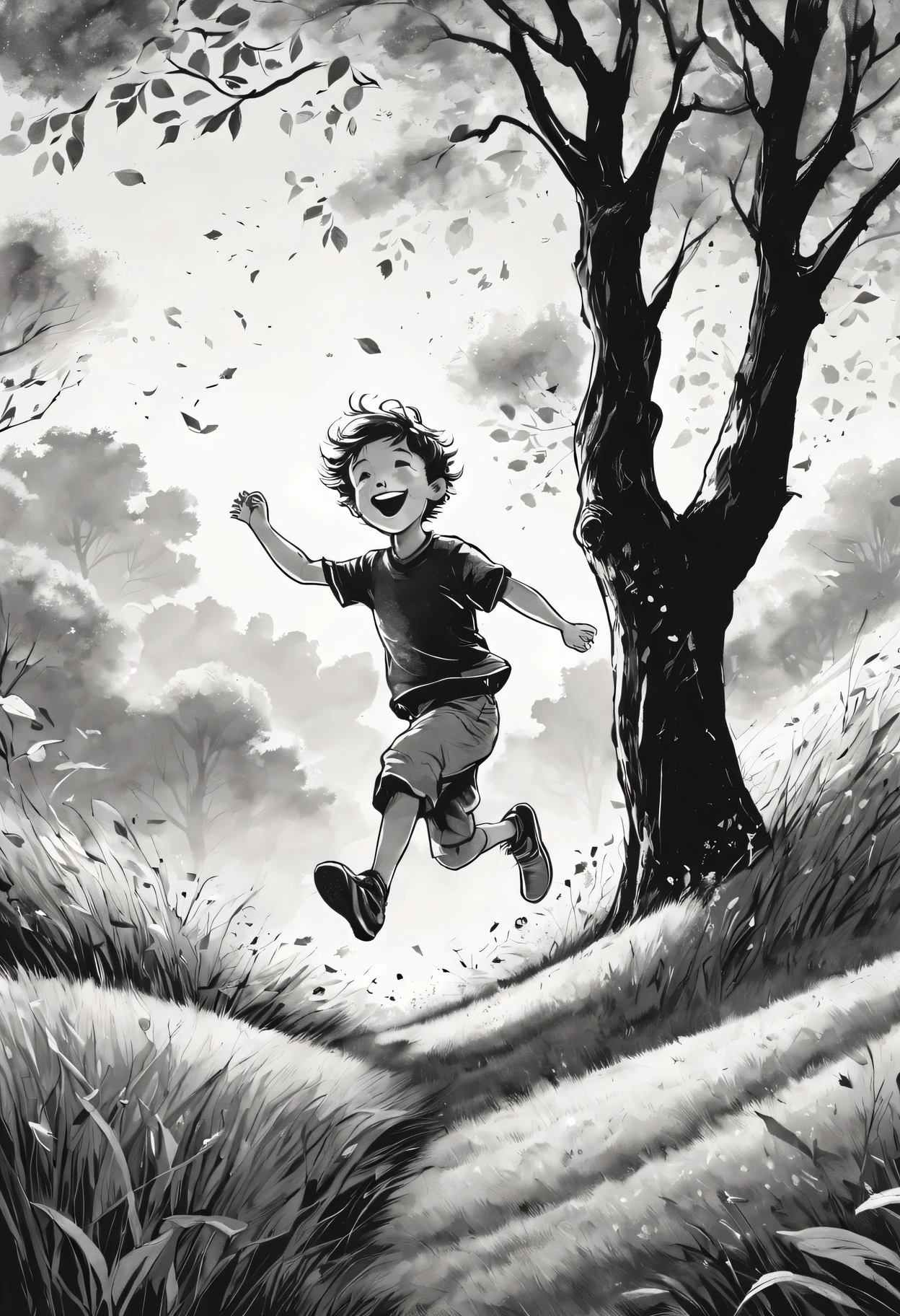 Ink style illustration,Outline with black ink,black and white,A happy boy playing on a grassy hillside,delicate eyes,lively expression,Jump with joy,The sun shines through the gaps in the leaves,The breeze rustled through the grass,Soft and delicate brushstrokes,subtle ink splatter,High contrast between light and dark colors,Beautifully textured paper,The ink lines are smooth,artistic creation,Playful and carefree mood