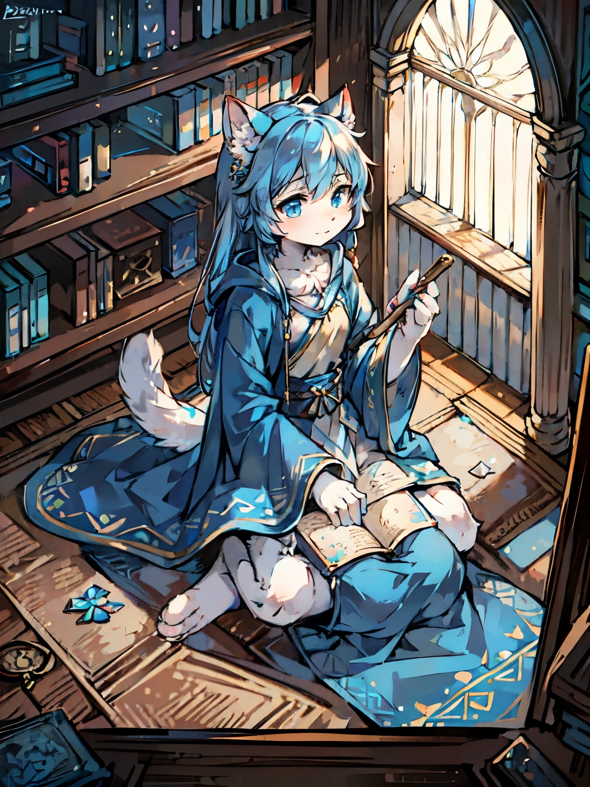 a white cat,Handheld a scroll,Blue robes,Hold a brush,sitting in the attic,Blue longsword,Blue pupils,Cool colors,map,flowing robe,clear blue skies,Paper spread on the table,Look at the book,sit on carpet,bookcase,Scrolls spread on the ground,scroll hanging on pillar,Gorgeous carpet,gorgeous costumes,juvenile,
