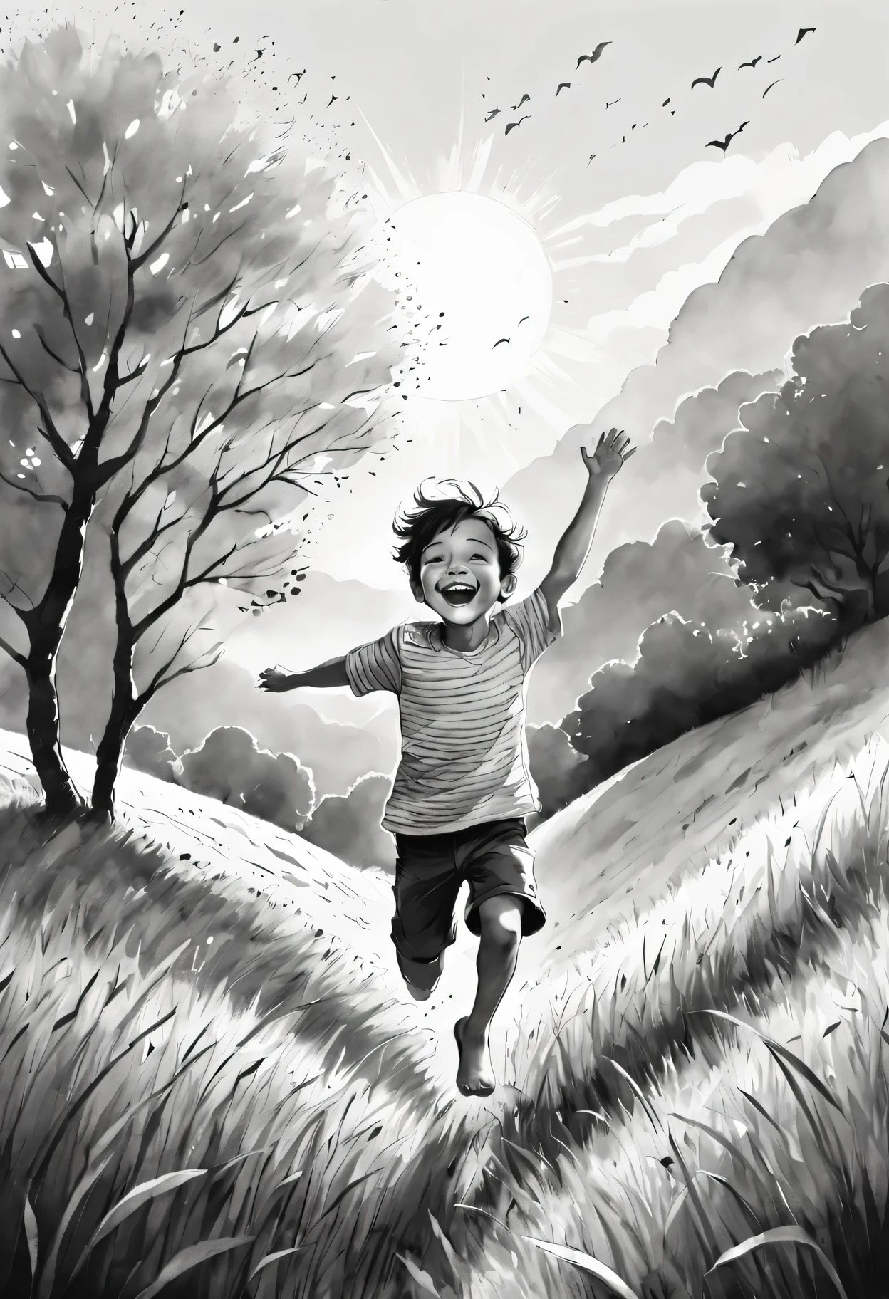 Ink style illustration,Outline with black ink,black and white,A happy boy playing on a grassy hillside,delicate eyes,lively expression,Jump with joy,The sun shines through the gaps in the leaves,The breeze rustled through the grass,Soft and delicate brushstrokes,subtle ink splatter,High contrast between light and dark colors,Beautifully textured paper,The ink lines are smooth,artistic creation,Playful and carefree mood