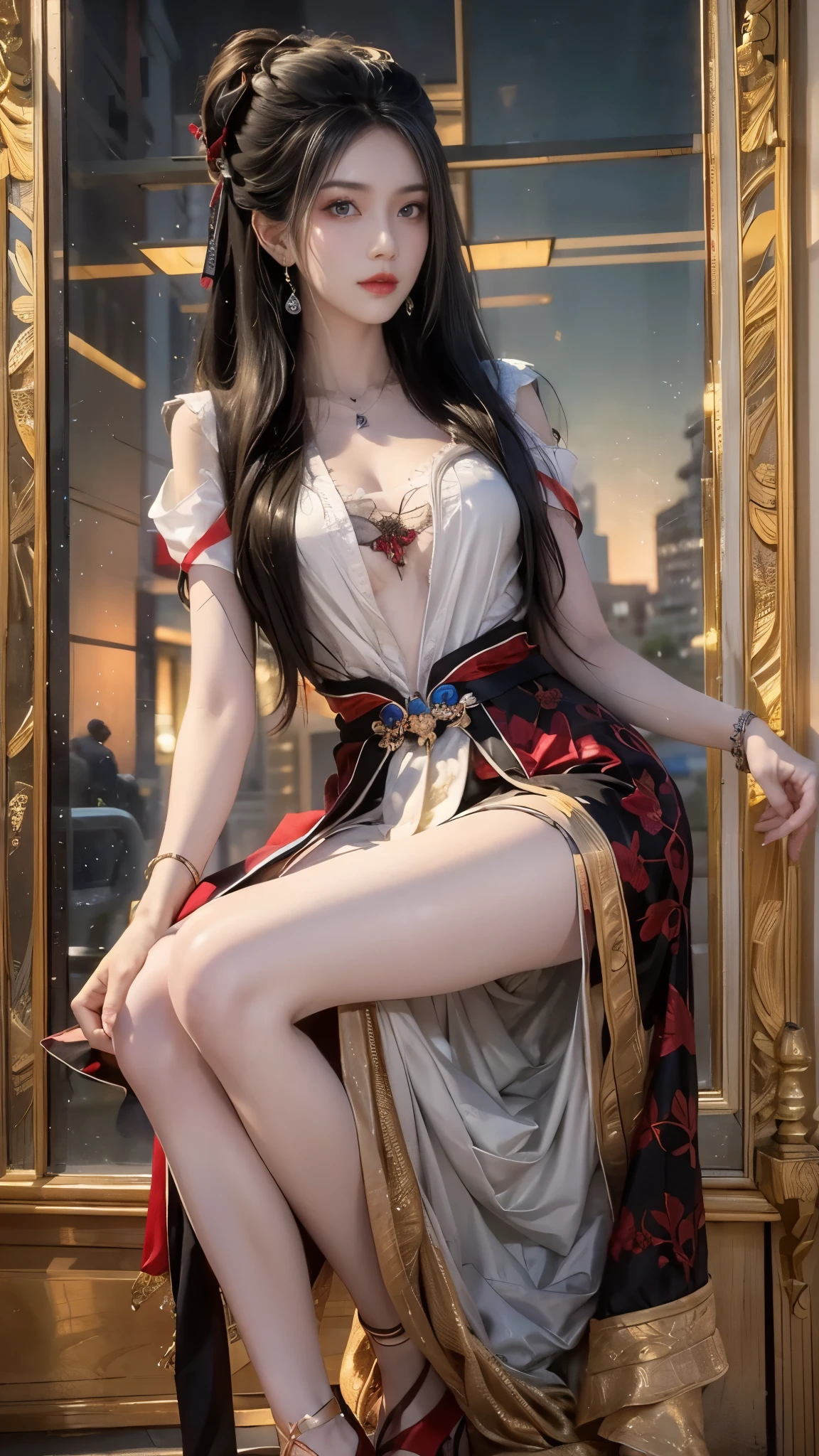 ((full body)), ((from below)), yushuxin,1girl,solo, ((Stand up, against the ledge)), ((Clear features, clear faces, clear faces)), red lips, makeup, close-up shot, elegant posture, enticing pose, perfect curves, slim, sexy, big breasts, cleavage, beautiful legs, mesmerizing gaze, biting lips, messy long hair, simple casual scene, extremely detailed, ultra-clear, best quality, official art, exquisite earrings, delicate necklace, extremely detailed description, super fine painting, exquisite features, Elegant, beautiful, hyperfine details, master works, authentic texture, cinematic lighting realism, Masterpiece, best quality
