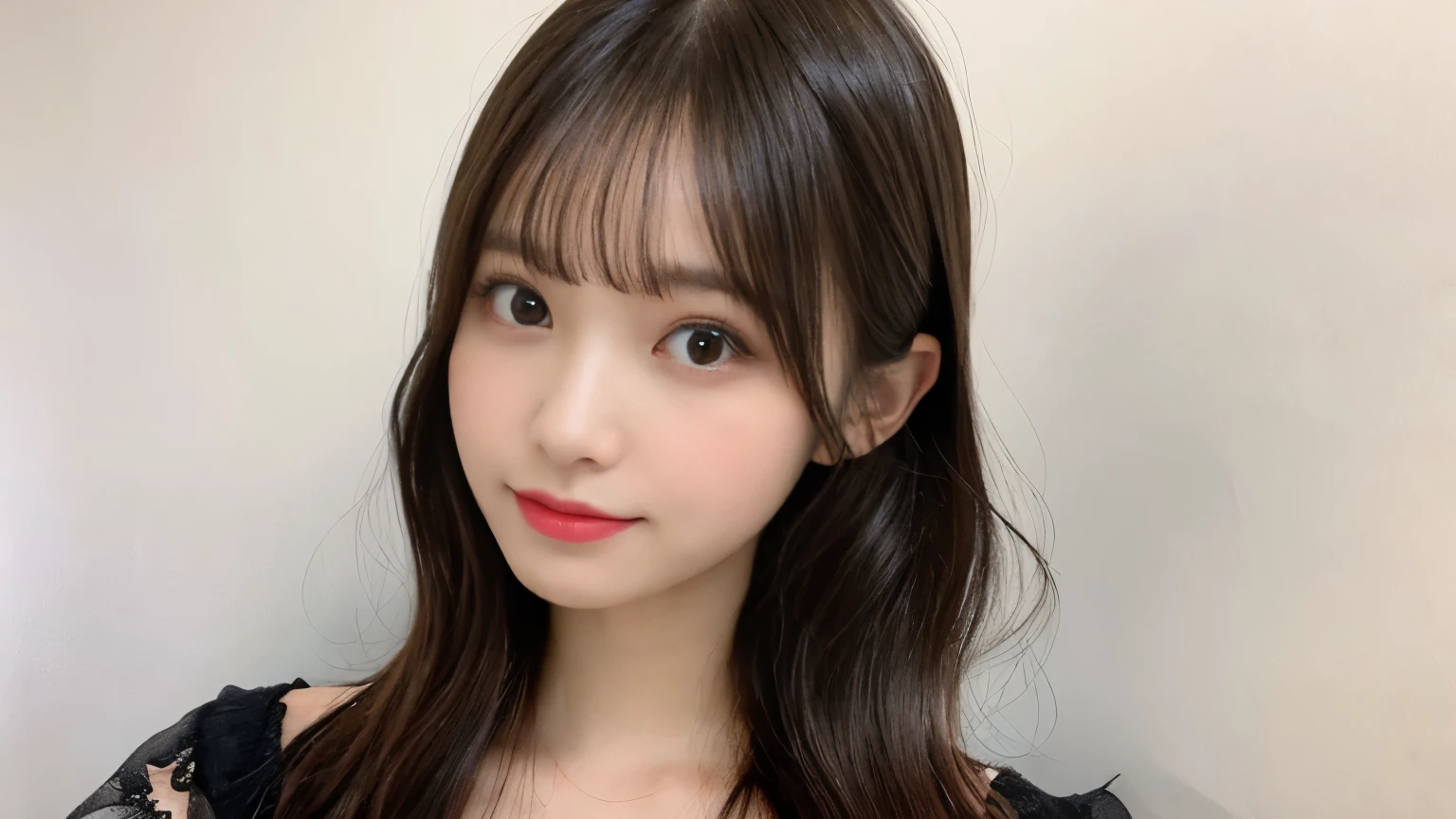 muste piece, best quality, illustration, Super detailed, fine details, High resolution, 8K Dende Wallpaper, perfect dynamic composition, beautiful detailed eyes, she is wearing a black dress,medium hair,natural color lip, shy smile,Harajuku style、20 year old girl、There is only one person, bust up photo、Correct posture、stretch your back、Never show your hands、Hands are not reflected、Stand up straight、cute type、looking at camera、C Cup、golden hair、Don't touch it、white background、background is white、pure white background