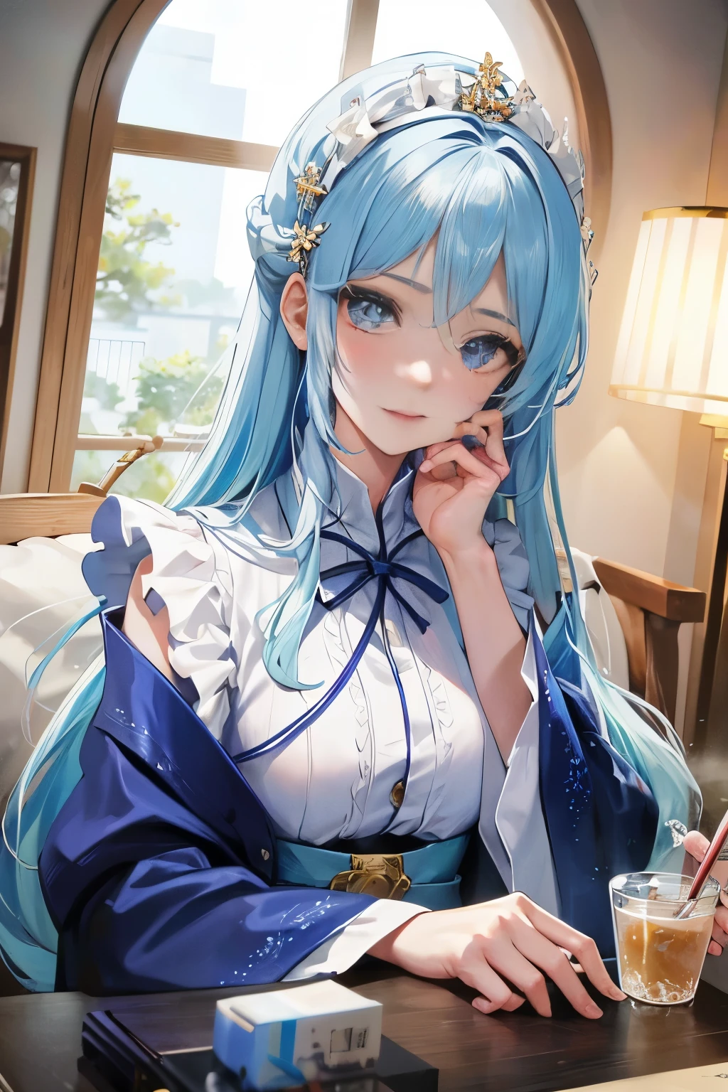 6 person dormitory, interior setting, girl, Exquisite facial features, blushing, official art, masterpiece, sharp focus, (beautiful gorgeous Lovely Korean woman: 1.3), (beautiful Lovely Korean: 1.3), Korean beauty, exquisite beautiful hair、eyes and face, actual, super detailed, beautiful girl, 发光的white色颗粒, (side light: 1.2), foggy sky, thin and long, Lovely, Brow furrowed, long, straight hair, sexy facial expression, dynamic hair, long, straight hair, 细white金粉色头发, glowing blue eyes, (blue pleated shirt + white色裙子), white, 皮肤苍white, hair accessories, , The woman is tall ,