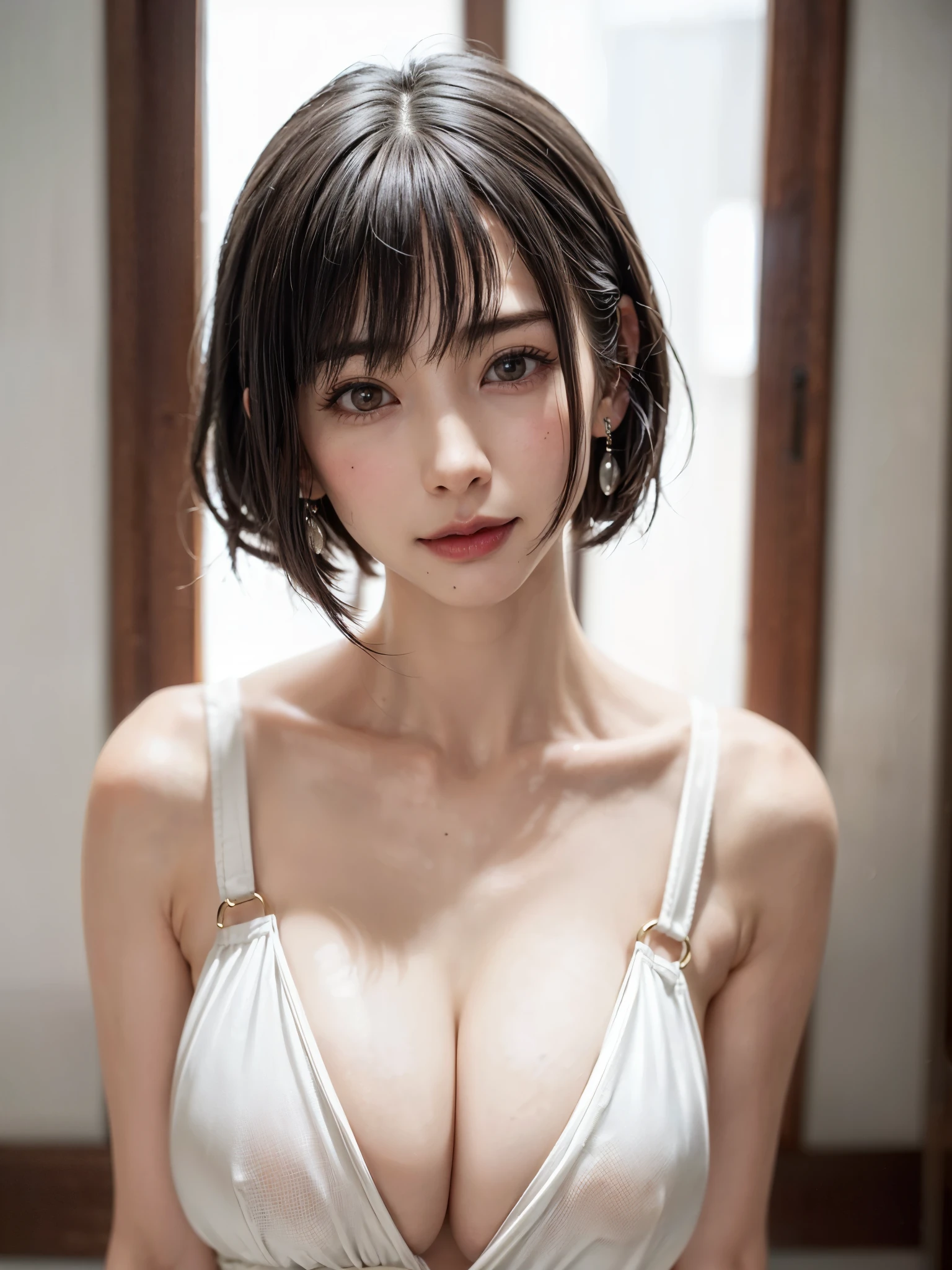 1 girl、highest quality、realistic、alone、Depth of written boundary、natural soft light、daytime、troublesome、beautiful face、cleanliness、pure face、white skin、cute、short hair、bang、Light of the sun、Nedium Breast Body Esbian、((セーター黄金比のbeautiful face 対称性のあるbeautiful face))、long neck、Show off your earrings with a nice short bob hairstyle、Please close your mouth and smile:1.7、perfect hands指、perfect hands、perfect body、perfect face、shine a light on the eyes、perfect anatomy:1.4、とてもcuteスーパーモデル:1.4、({Huge|big breasts|Hugeな|mega} overall small breasts:1.7, have cleavage:2)