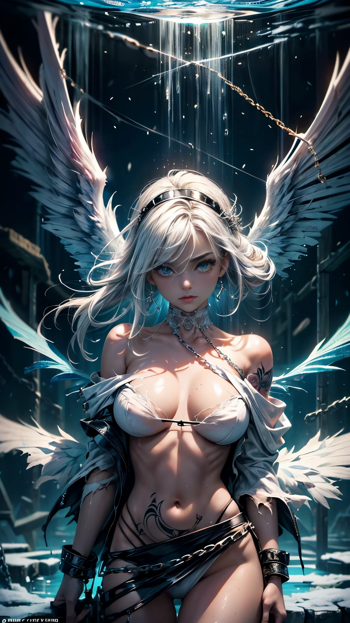 (masterpiece, highest quality, official art, beautiful and aesthetic:1.4), ((fractal art:1.5)), a devastated world:1.6, (perfect dynamic composition:1.4, Detailed tattoos on the whole body:1.4, Wearing detailed body jewelry:1.4), Highly detailed skin and facial textures:1.3, (Cute and sexy fallen angel with big tattered wings:1.3), prisoner of war, slave, tiara, Fair skin, (Correctly wear heavily torn white clothes off-shoulder:1.4), Huge breasts that are about to burst, Do not show areola, big chest gap, (The expression on your face when you feel intense caress, Facial expression when feeling pleasure), Eyes that feel beautiful eros, sexy face, (Too erotic and cute:0.9, Bewitching:0.9), ((torture:1.5, Lots of chains:1.5, countless chains tangled in clothes:1.5, chain the right arm:1.5, chain the left arm:1.5, Bind the right leg with shackles and chains:1.5, Bind the left leg with shackles and chains:1.5)), super long blonde curly hair, Swirling flames, Swirling lightning, Swirling ice and snow, Ruins of an old castle, Abandoned mine, desolate ruins, crumbling ruins, Ruins with clear puddles