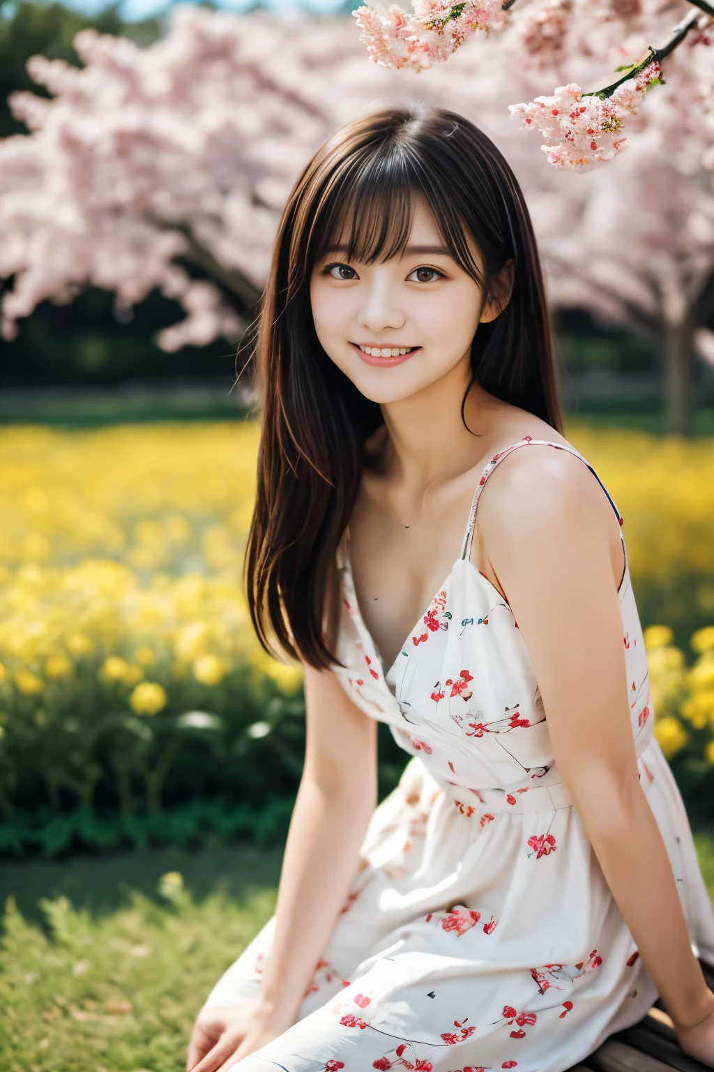 masterpiece, Best Quality, 8K, 1 girl, (18 years old), Teen ager, smile, Solo, (A super cute idol-like face:1.2), Delicate girl, Black hair, middle bob hair, straight hair, bangs, Looking at Viewer, Candid, Sophisticated, Professional Lighting, Film grain,  whole body, beautiful figure, The background is a field of yellow rape blossoms and rows of cherry blossom trees,  (White floral pattern dress:1.2), tiny chest, Sitting on the bench,