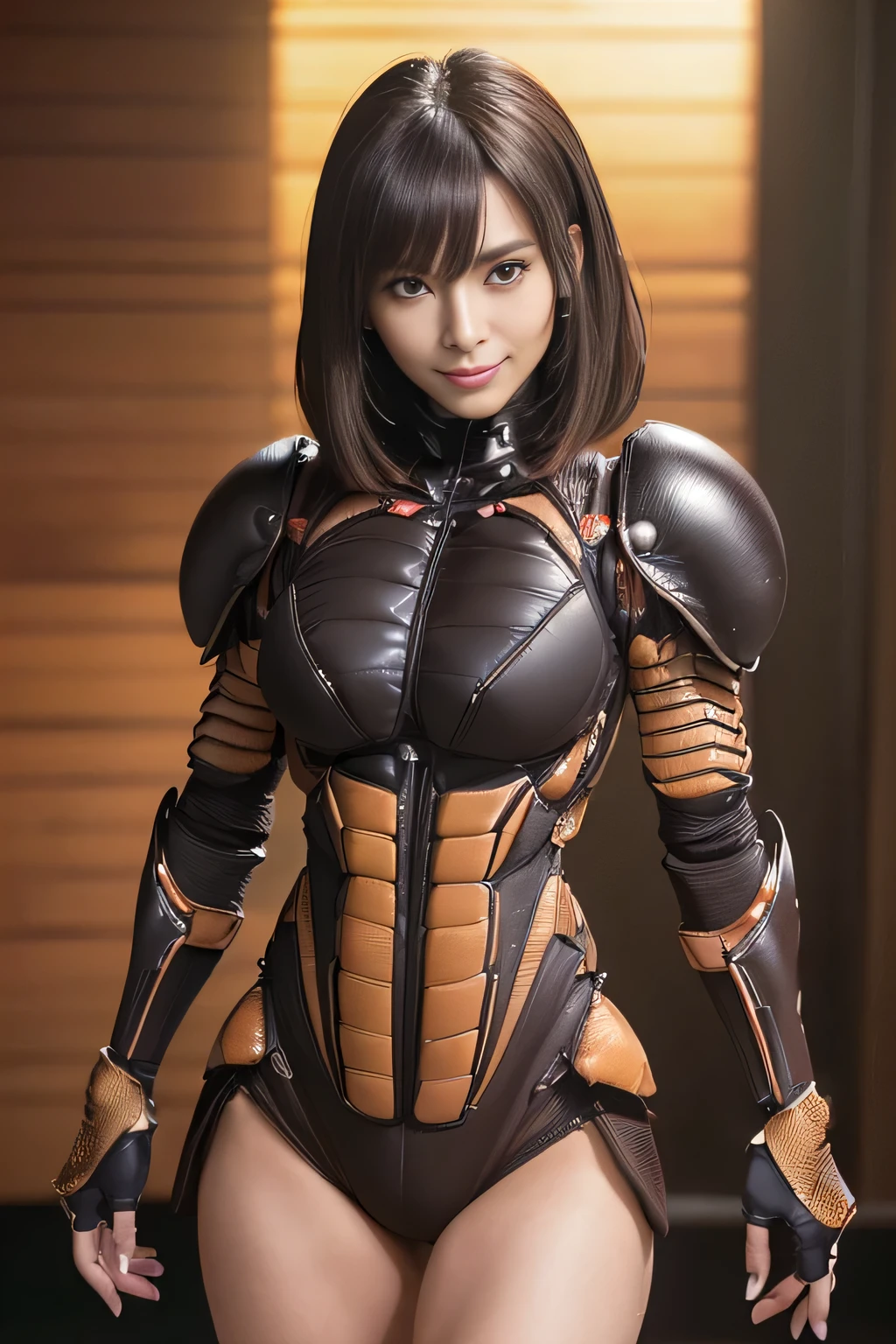 (High resolution,masterpiece,highest quality,Very detailed CG, anime, official art:1.4), realistic, photograph, amazing detail, all complicated, luster and luster,great many layers, 8k wallpaper, 3D, sketch, cute, figure,( alone:1.4), perfect female proportions,villain&#39;s daughter, (Fusion of dark brown cockroach and lady:1.4), (brown cockroach form lady:1.2), (brown cockroach woman:1.2), (Fusion:1.2), (alone:1.4), (evil smile:1.2), muscular, abs, (Cockroach brown exoskeleton bio insect suit:1.4), (Cockroach brown exoskeleton bio insect armor:1.2), (brown transparent cockroach feathers:1.4), (brown cockroach antenna:1.3),