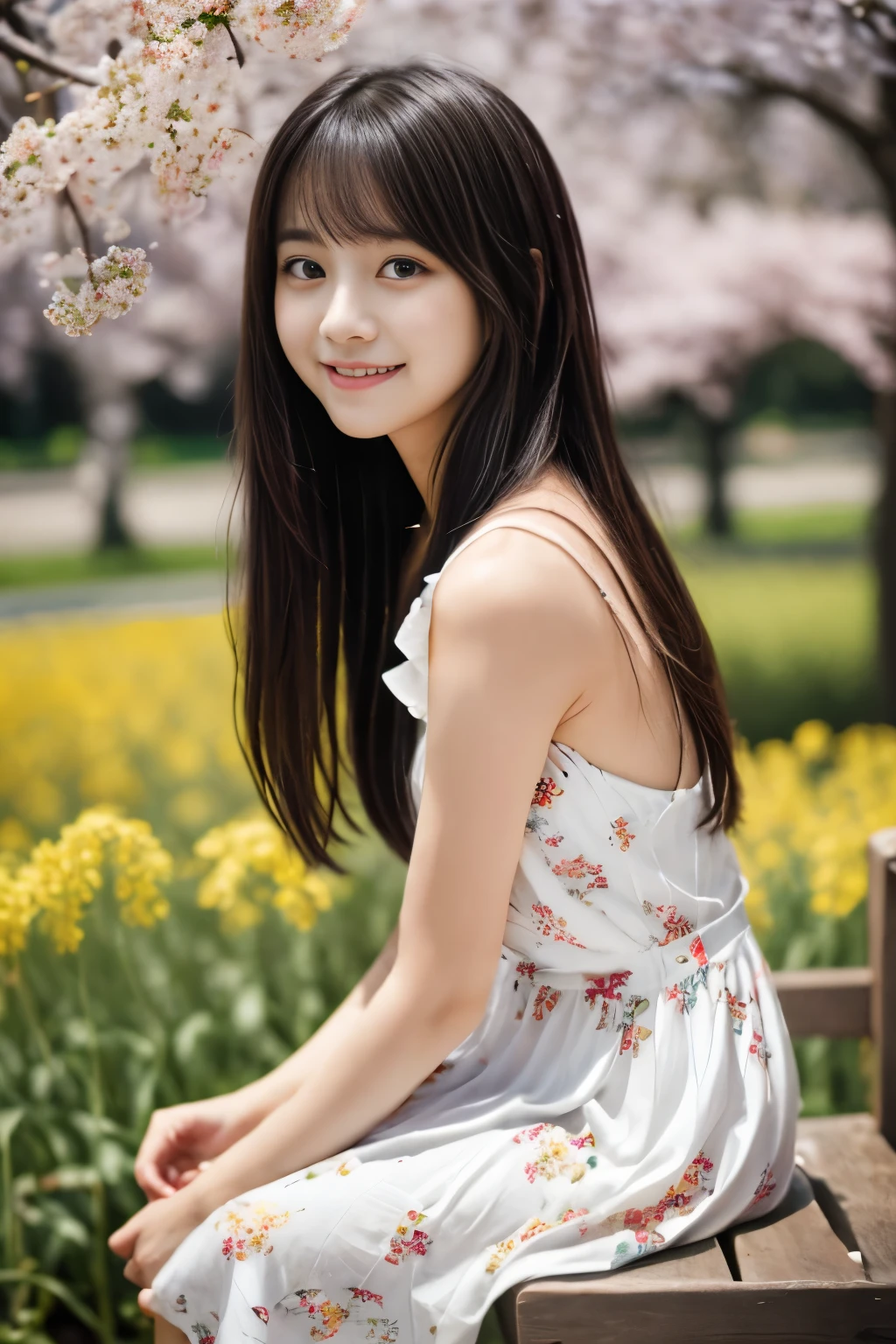 masterpiece, Best Quality, 8K, 1 girl, (18 years old), ager, smile, Solo, (A super cute idol-like face:1.2), Delicate girl, Black hair, middle bob hair, straight hair, bangs, Looking at Viewer, Candid, Sophisticated, Professional Lighting, Film grain, whole body, beautiful figure, The background is a field of yellow rape blossoms and rows of cherry blossom trees, (White floral pattern dress:1.2), tiny chest, Sitting on the bench,