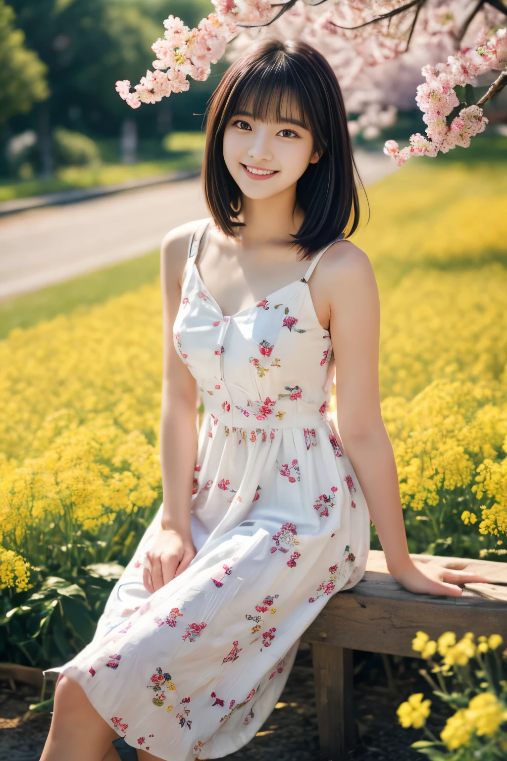 masterpiece, Best Quality, 8K, 1 girl, (18 years old), Teen ager, smile, Solo, (A super cute idol-like face:1.2), Delicate girl, Black hair, middle bob hair, straight hair, bangs, Looking at Viewer, Candid, Sophisticated, Professional Lighting, Film grain,  whole body, beautiful figure, The background is a field of yellow rape blossoms and rows of cherry blossom trees,  (White floral pattern dress:1.2), tiny chest, Sitting on the bench,